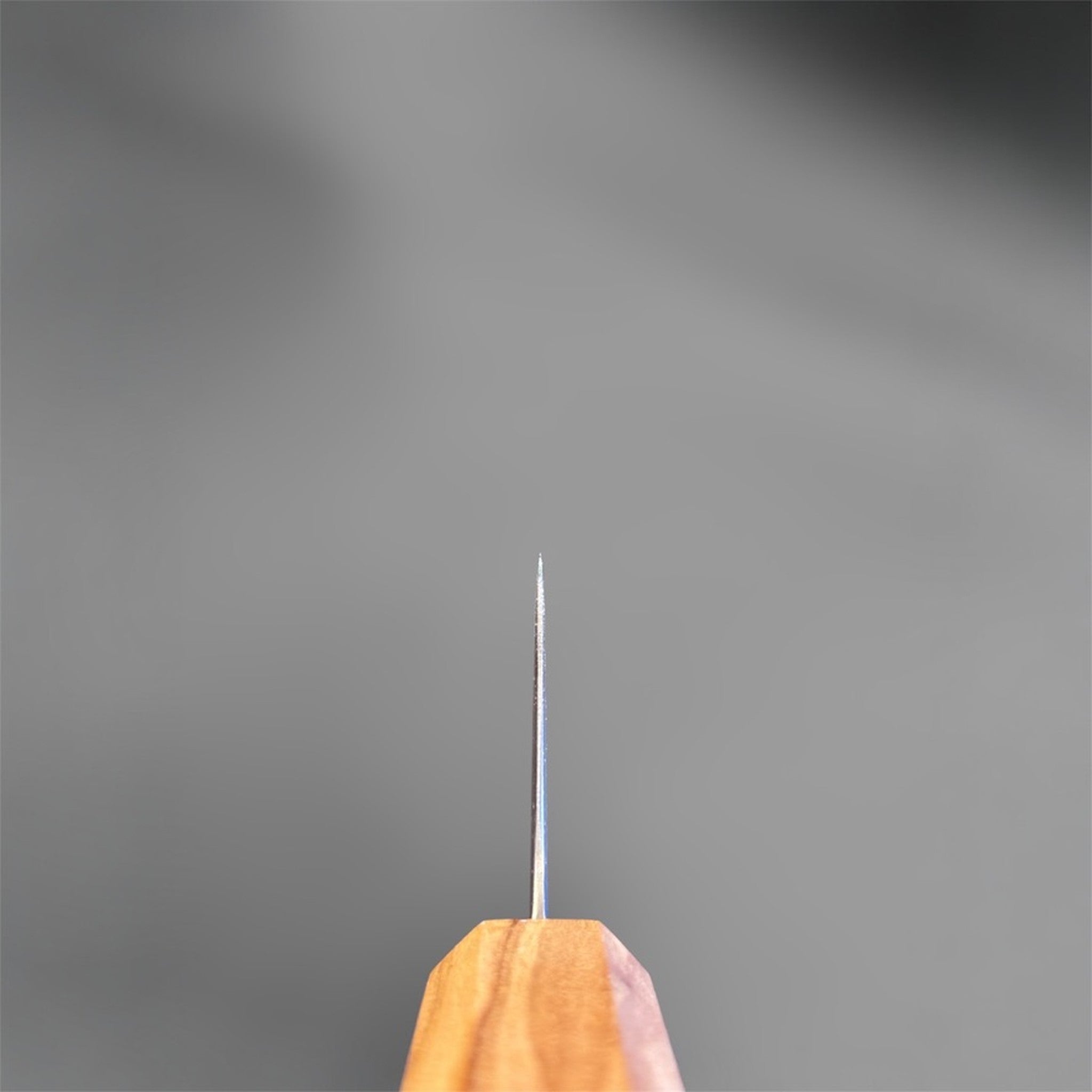 Hatsukokoro Hikari SLD Damascus Kurozome Bunka 170 mm with olive wood handle, choil shot showing fine tip and blade thickness.