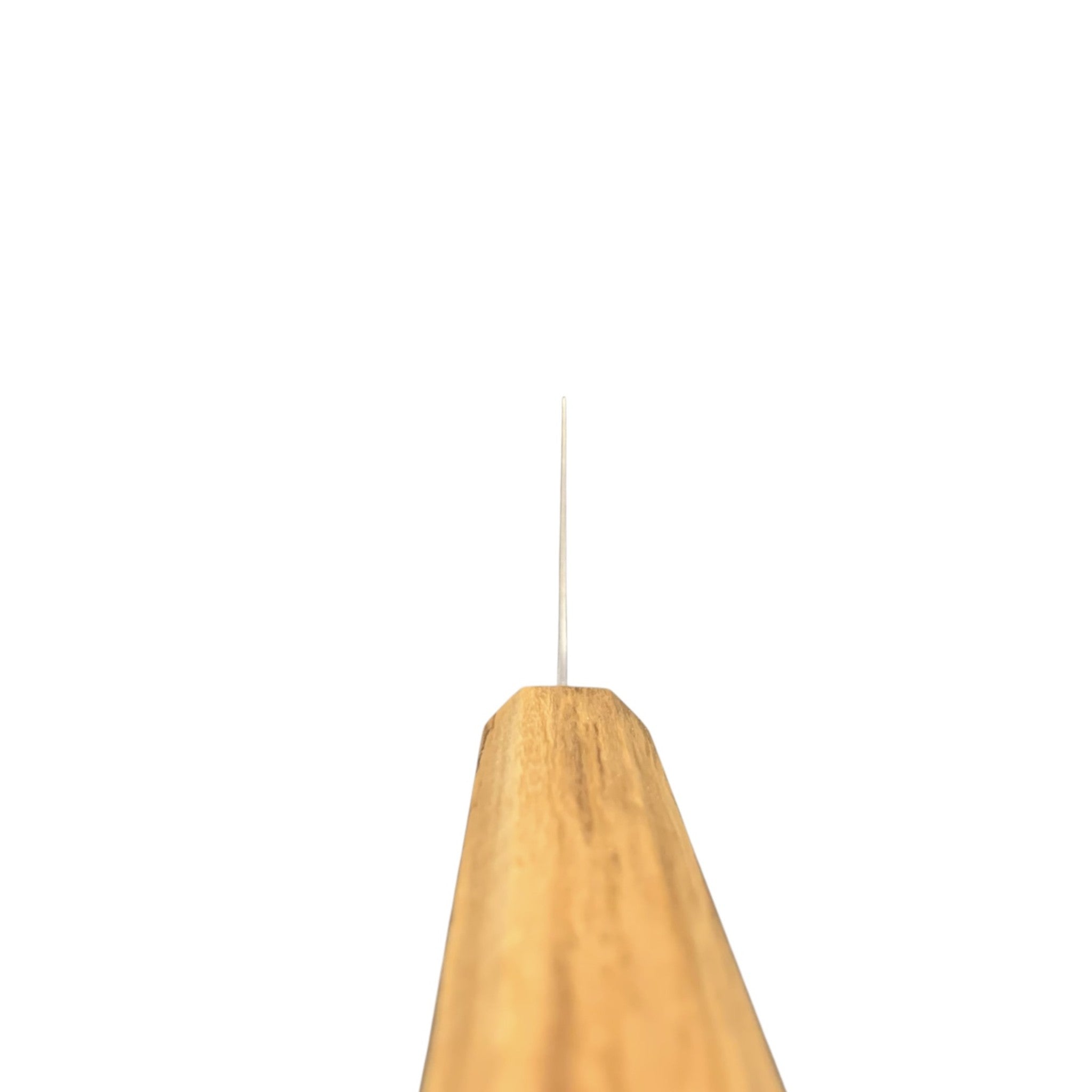 Hatsukokoro Hikari SLD Migaki Gyuto 210 mm, spine shot showing the thin blade and octagonal light-wood handle on white background.