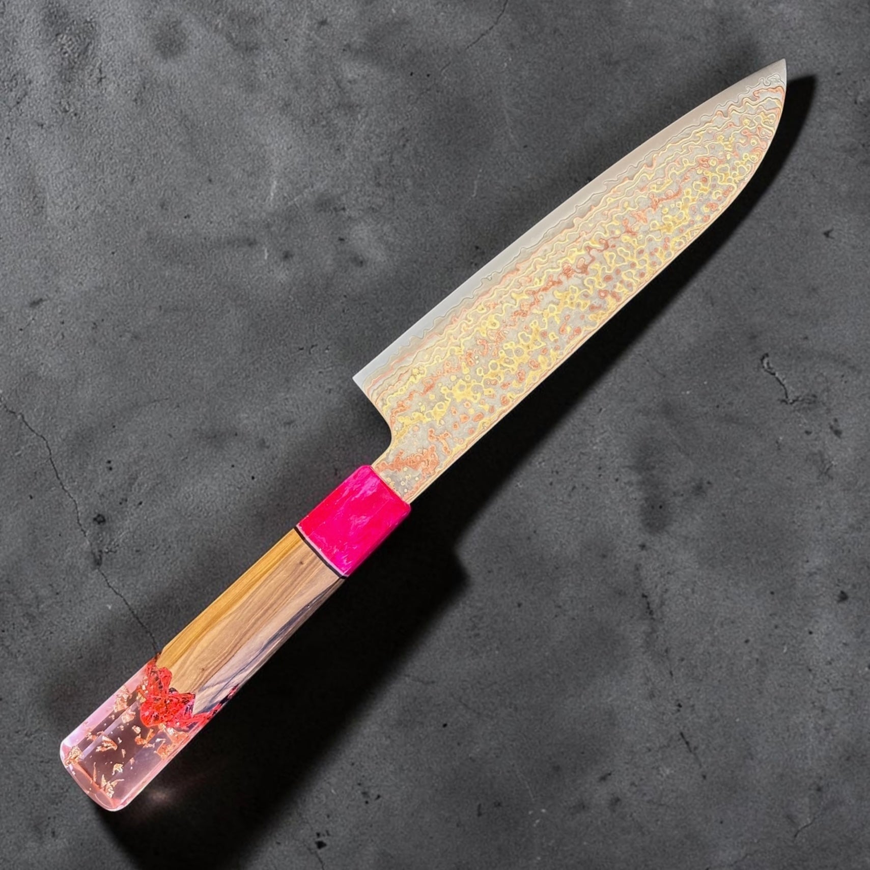 Hatsukokoro Hinotori V-Toku 2 rainbow Damascus Santoku with Prisma pink hybrid custom handle