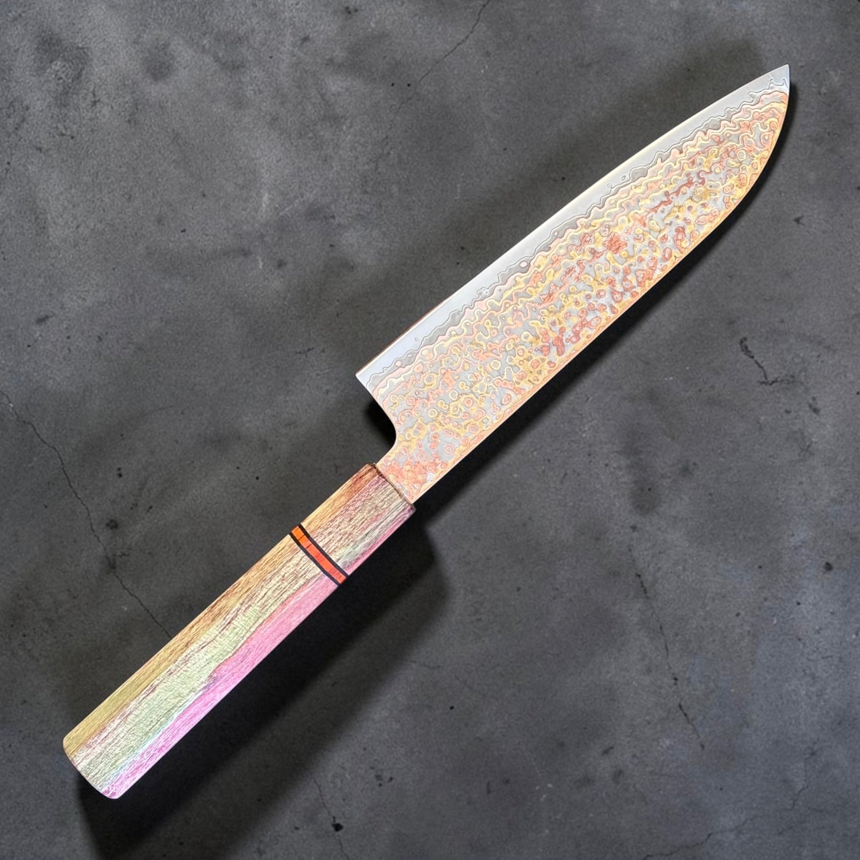 Hatsukokoro Hinotori V-Toku 2 rainbow Damascus Santoku with Prisma rainbow custom handle
