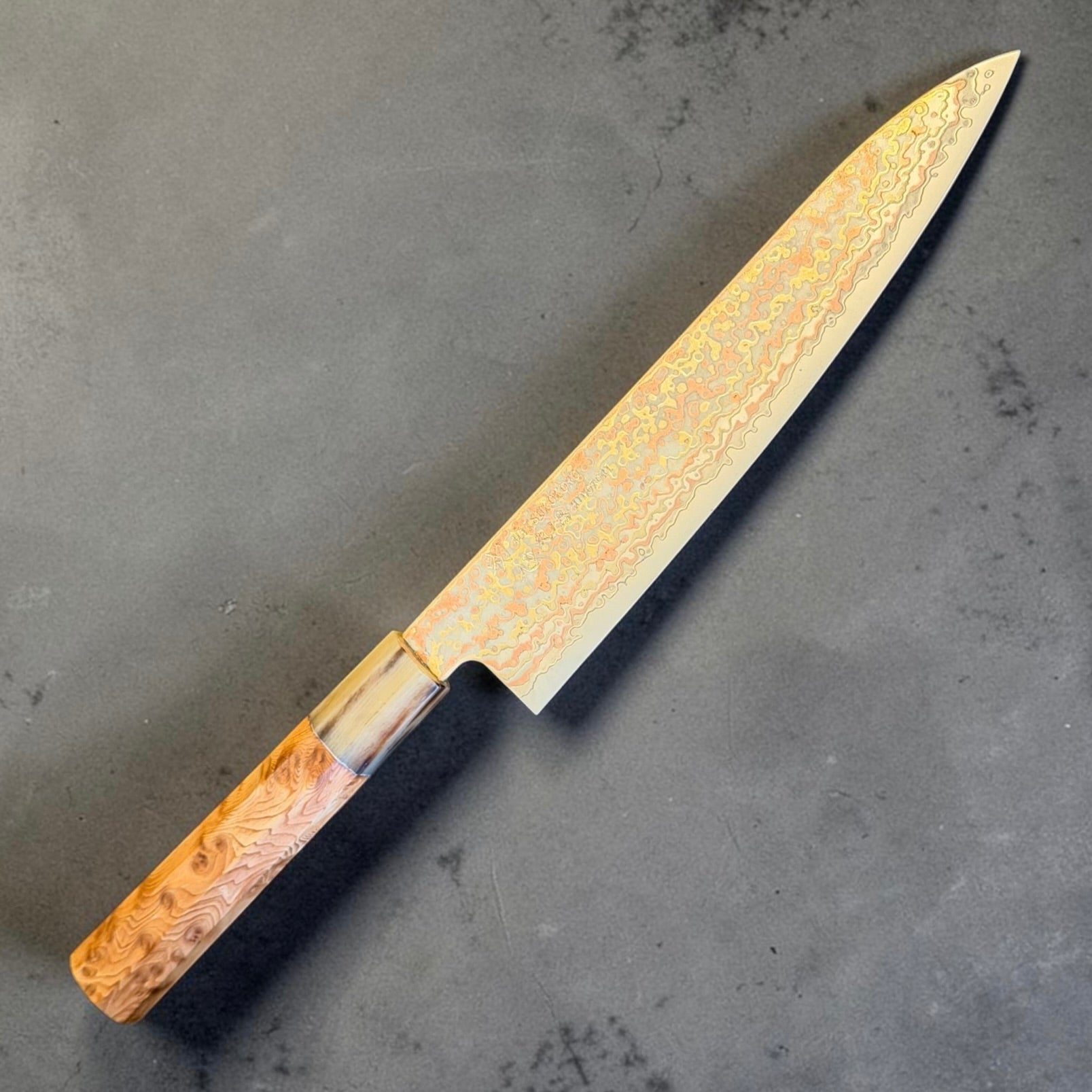 Hatsukokoro Hinotori V-Toku2 Rainbow Damascus Gyuto 210mm reverse angled view