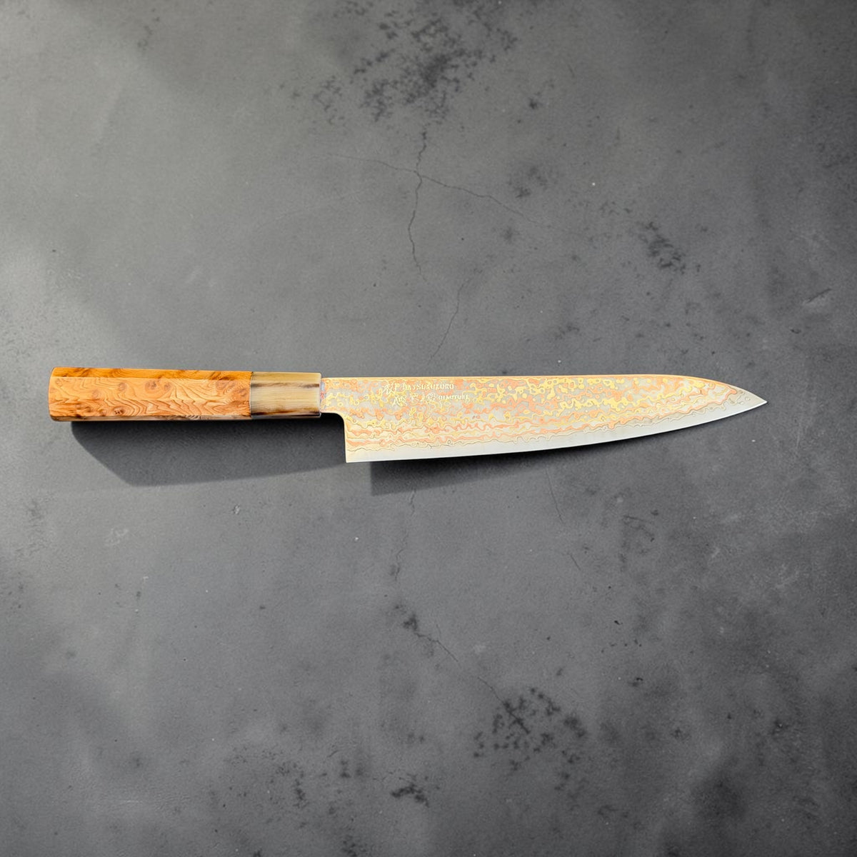 Hatsukokoro Hinotori V-Toku2 Rainbow Damascus Gyuto 210mm reverse full side view