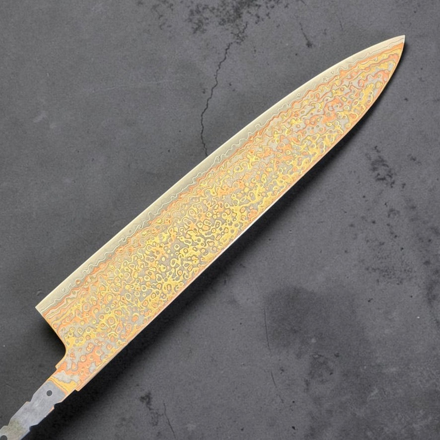 Hatsukokoro Hinotori V-Toku2 Rainbow Damascus Gyuto 240mm blade only, reverse side showing the layered rainbow Damascus pattern.