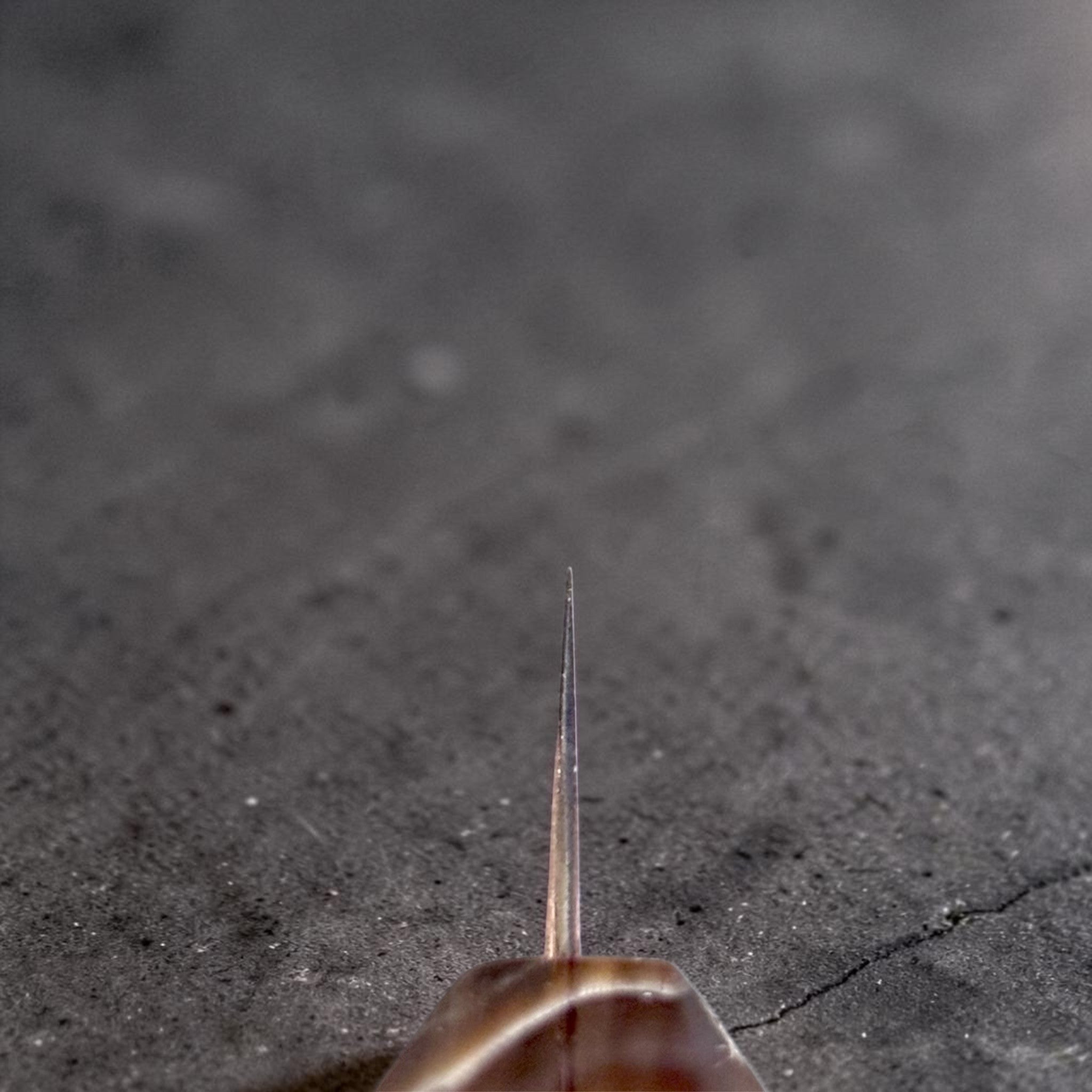 Hatsukokoro Hinotori V-Toku2 Rainbow Damascus Petty 150 mm with Amboyna Burl handle, spine shot.