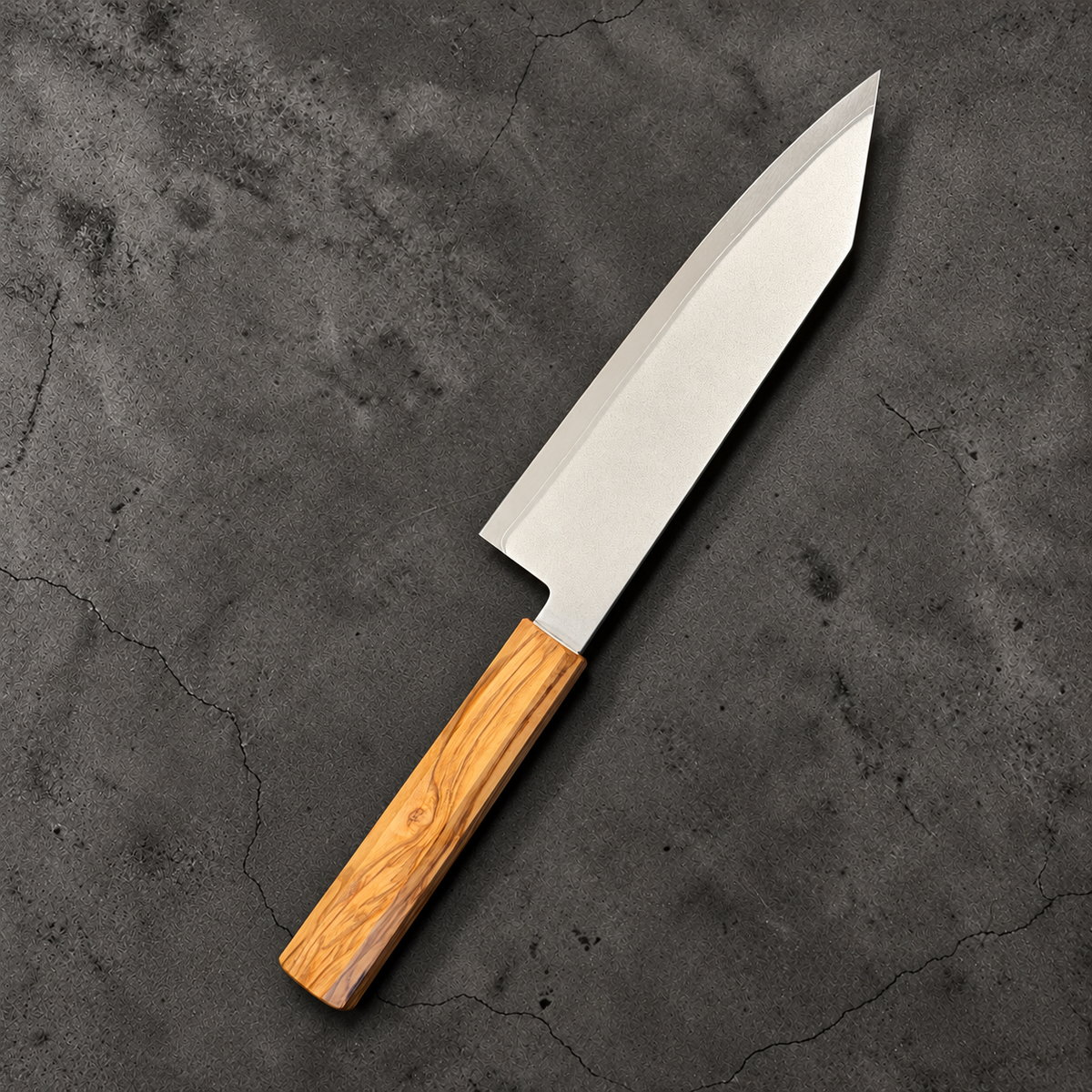 Hatsukokoro Kaijin bunka 180mm, reverse angled view with olivewood handle