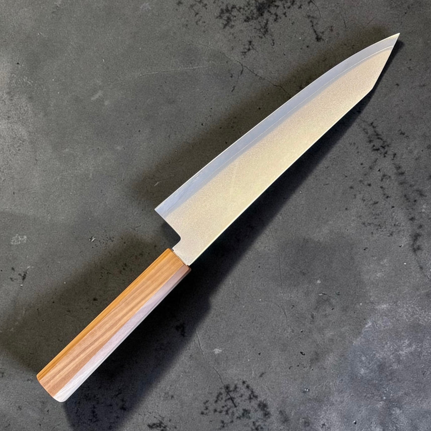 Hatsukokoro Kaijin Blue #2 Kiritsuke Gyuto 210mm, reverse-side angled view showing the stainless-clad blade and K-tip.