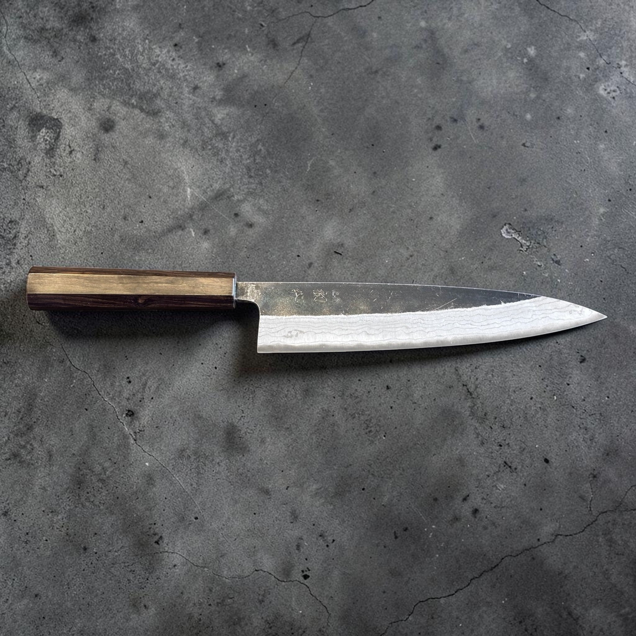 Hatsukokoro Kumokage Blue #2 Gyuto 240 mm with mono ebony handle, full side view showing the gyuto profile.
