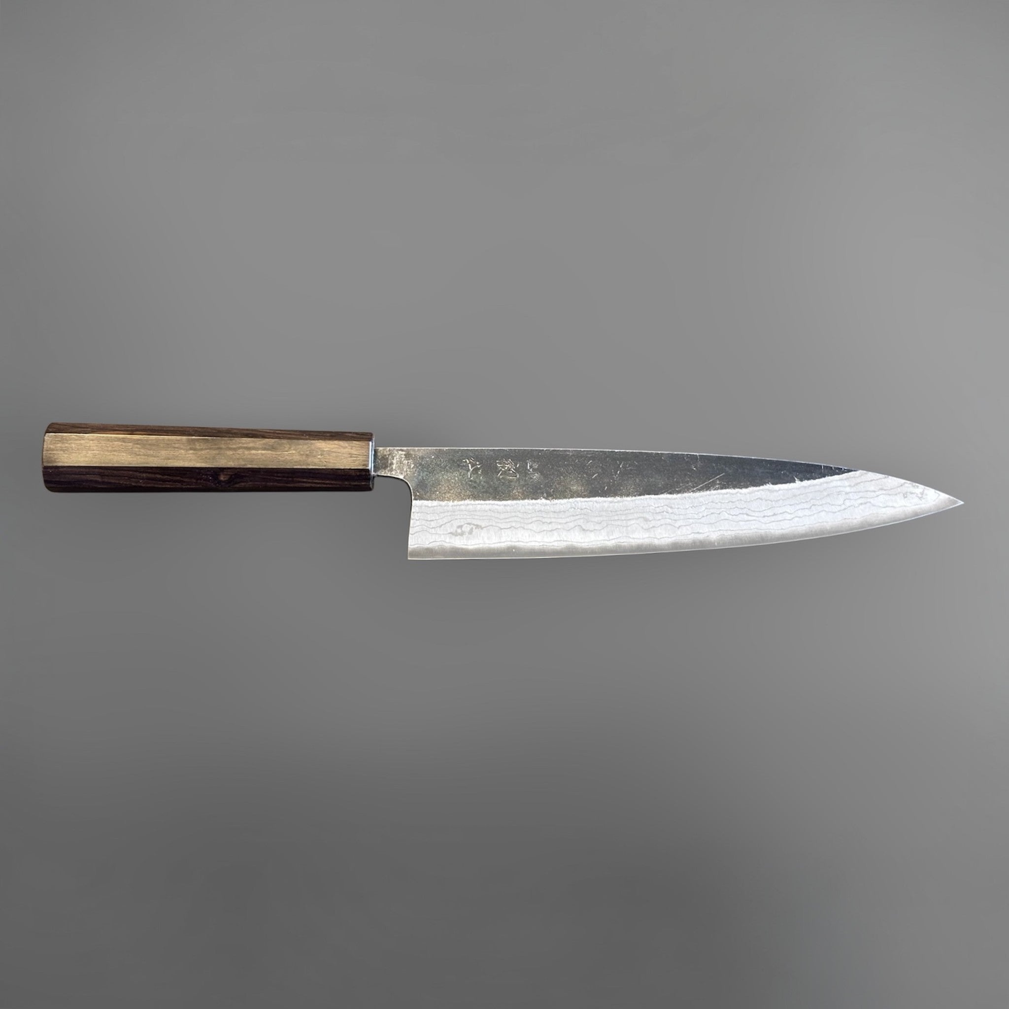 Hatsukokoro Kumokage Blue #2 Gyuto 240 mm with mono ebony handle, full side view showing the gyuto profile.