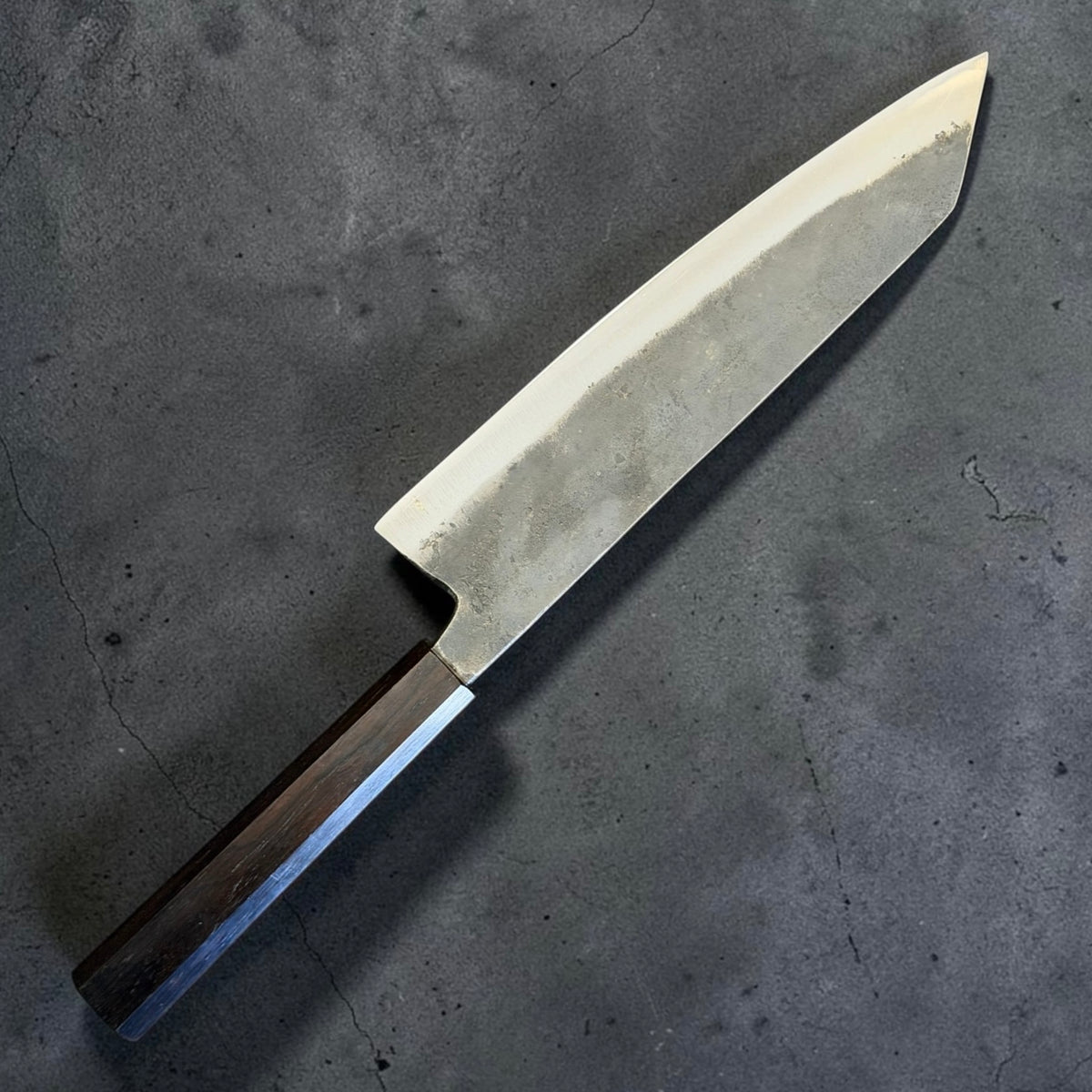 Hatsukokoro Kurogane Blue #2 Kiritsuke Gyuto 210mm, angled reverse view