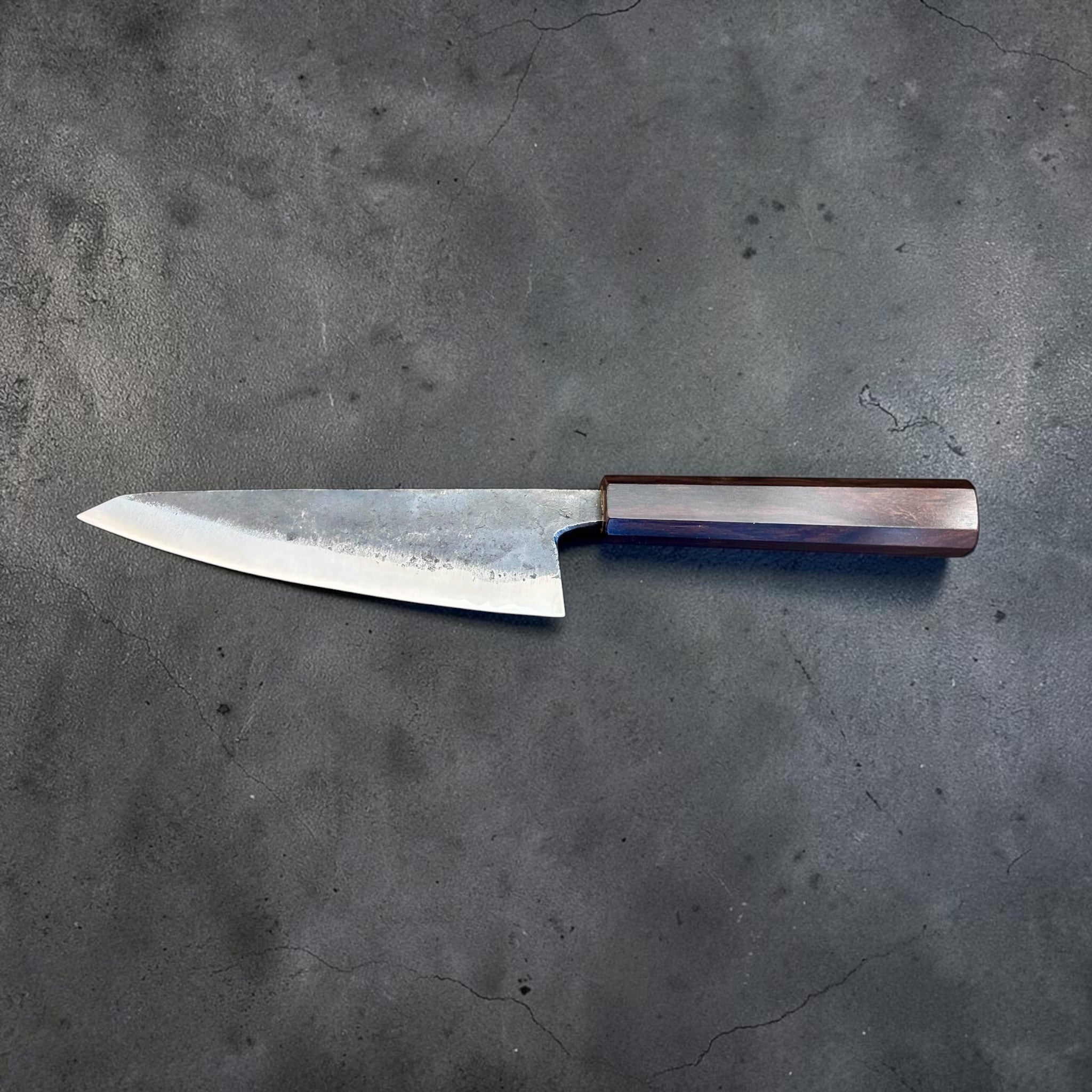 Hatsukokoro Kurogane Blue #2 Kurouchi Honesuki 150mm with mono ebony handle, full profile