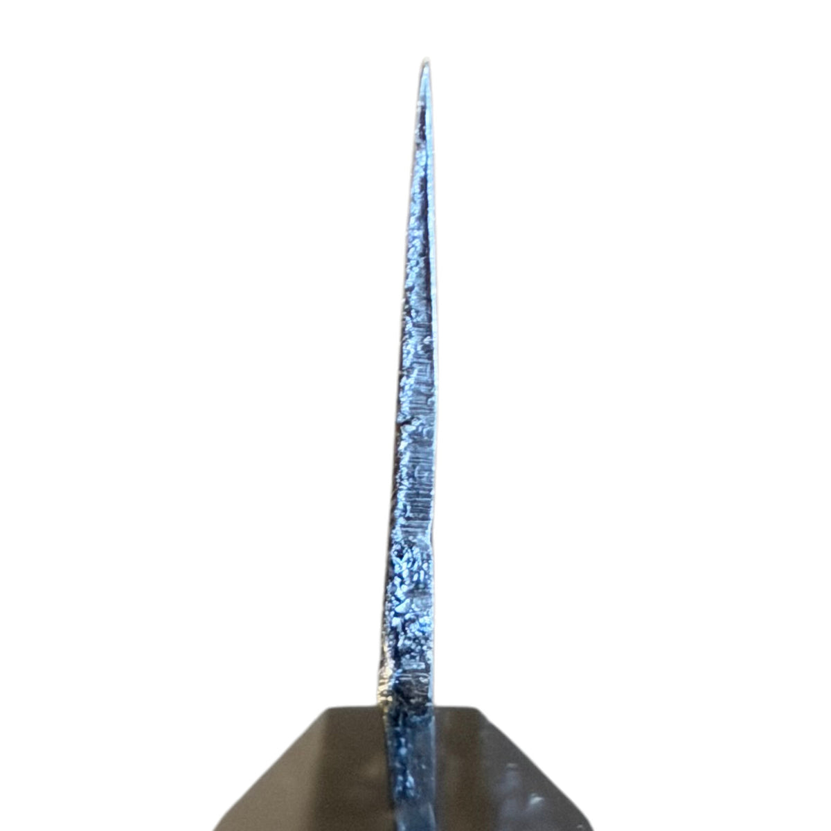 Choil view of the Hatsukokoro Kurogane Blue #2 Kurouchi Nakiri 120mm with ebony handle, showing the blade grind against a gray background. #Handle_Mono Ebony