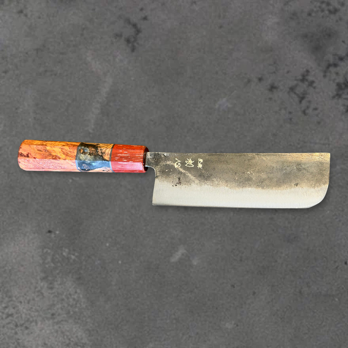 Hatsukokoro Kurogane Blue #2 Kurouchi 120mm nakiri with Prisma handle, shown in horizontal front profile with the full blade and handle visible. #Handle_Prisma