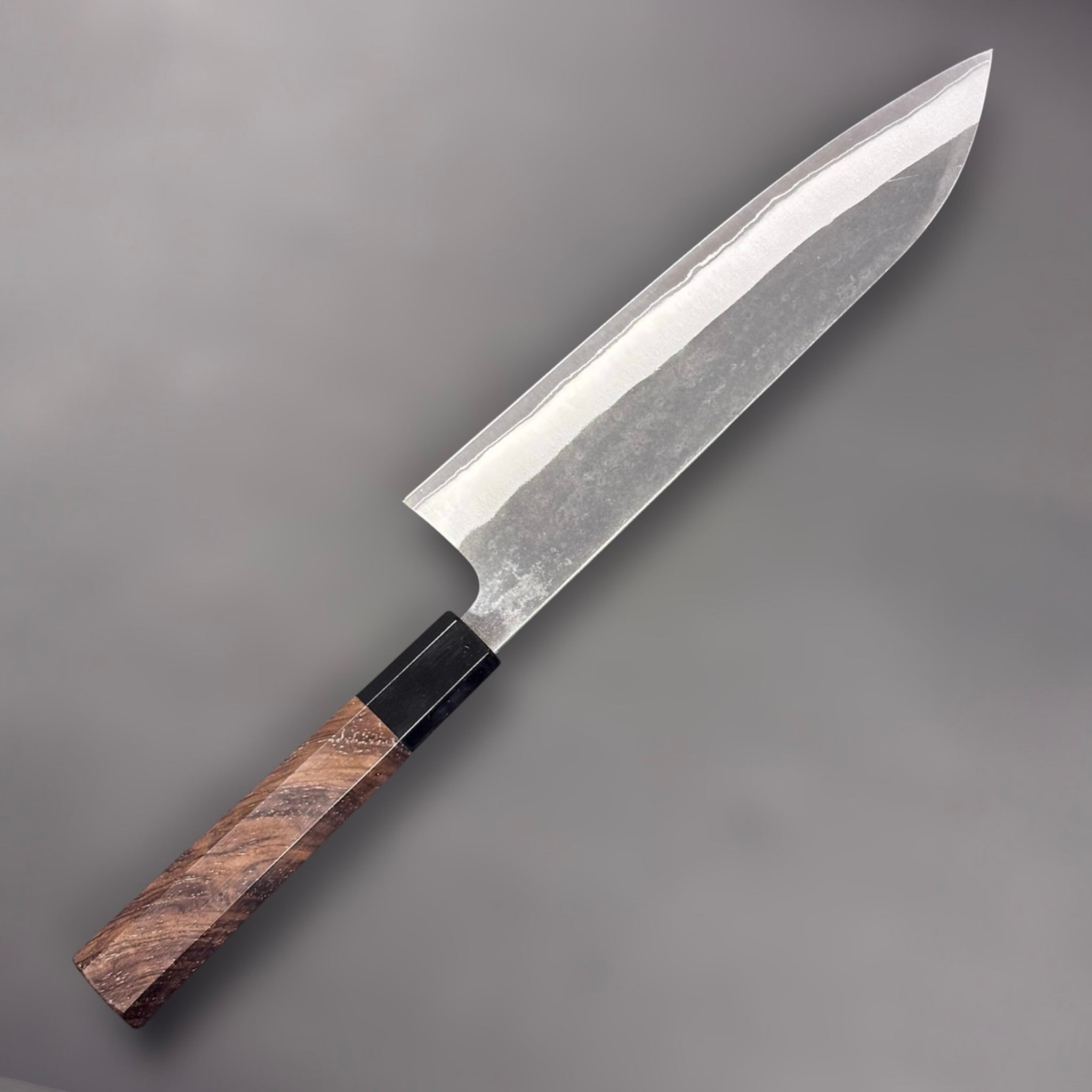 Hatsukokoro Kurokaze Stainless Clad White #2 Gyuto 210mm, close-up of the blade finish and cladding line.