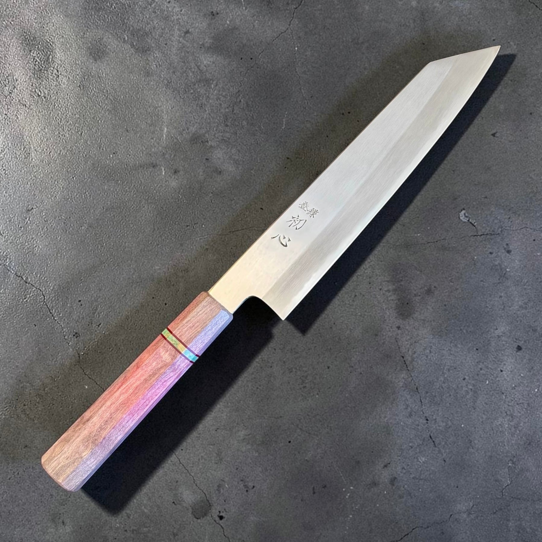 Hatsukokoro Nakagawa Blue #1 Migaki Kiritsuke Gyuto with pink wood Prisma handle and rainbow spacers