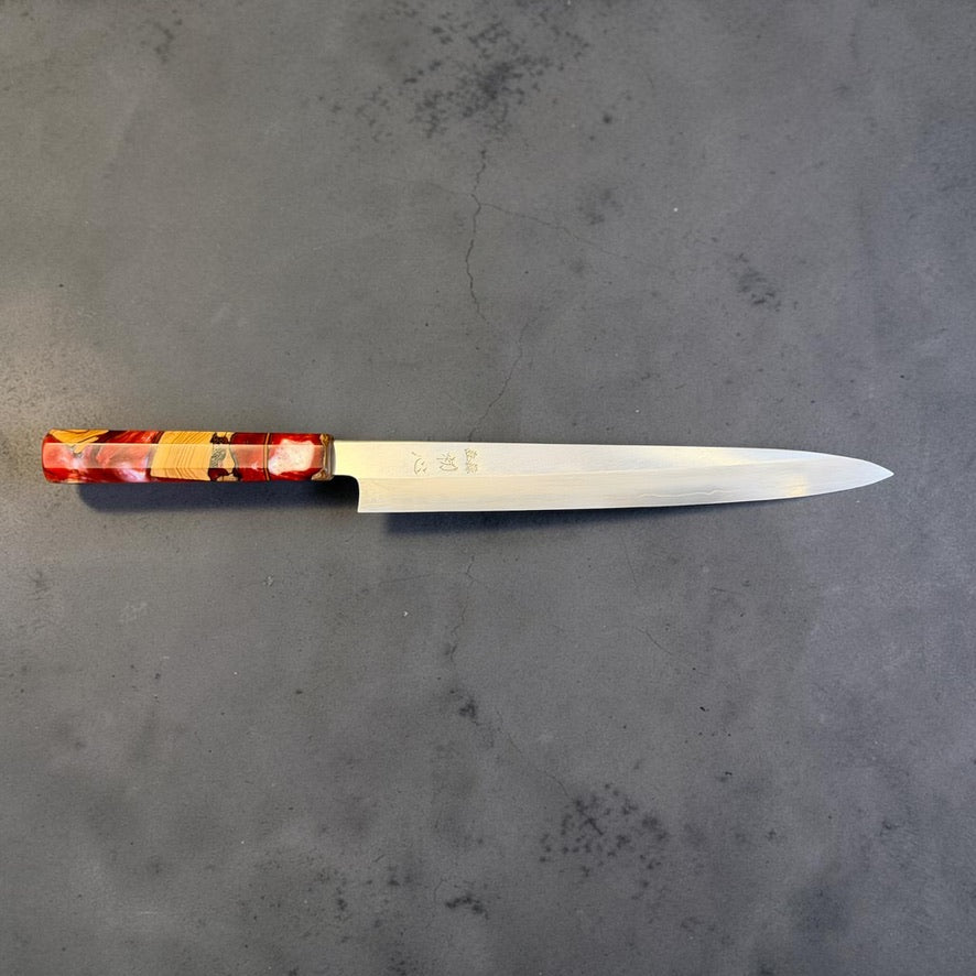 Full kanji-side profile of Satoshi Nakagawa Silver #3 Sujihiki 270mm showing the long slicing blade and Prisma handle