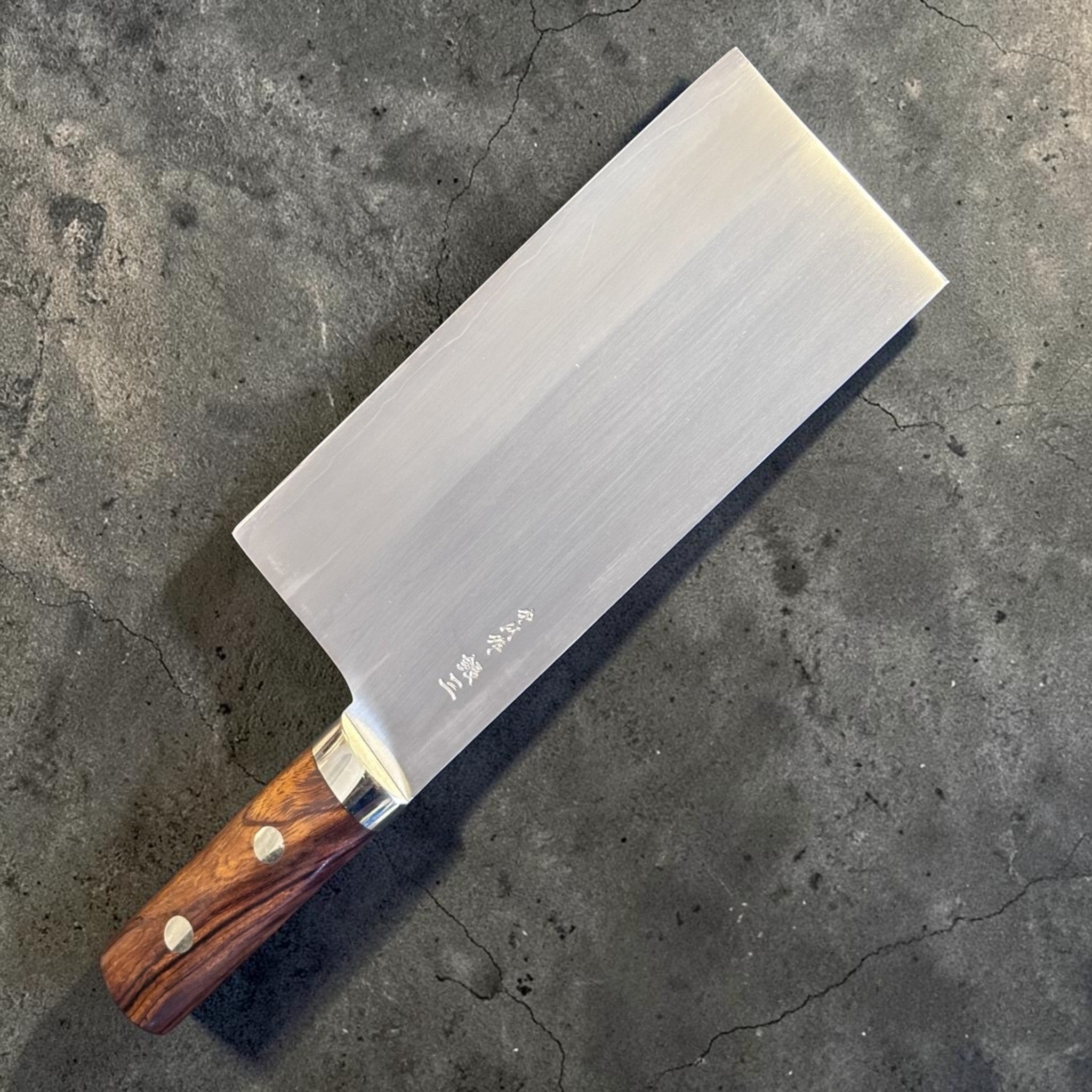 Hatsukokoro Nakagawa Satoshi Silver #3 Chinese Cleaver with ironwood handle, angled full product view showing the broad cleaver blade and ironwood handle.