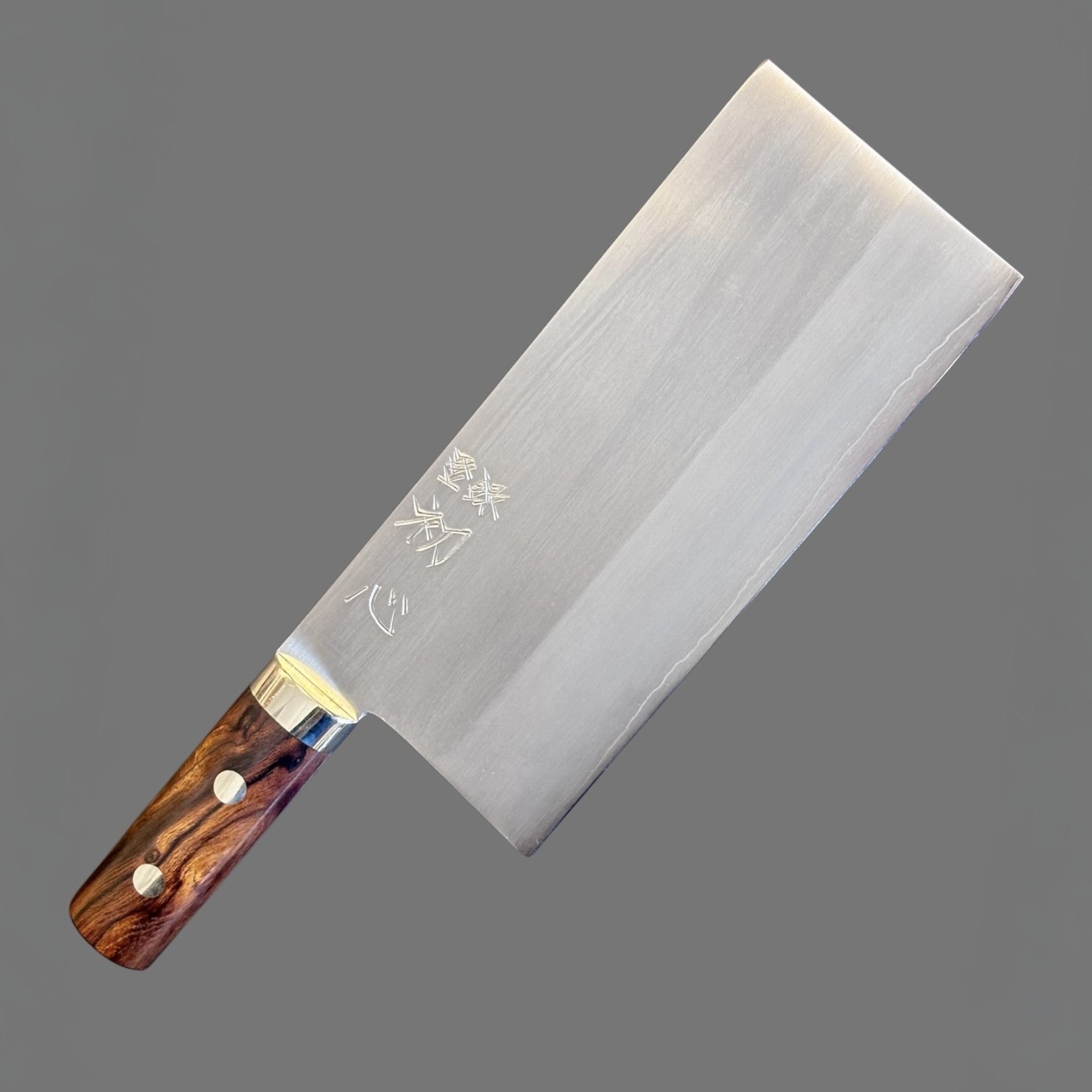 Hatsukokoro Nakagawa Satoshi Silver #3 Chinese Cleaver with ironwood handle, angled product view highlighting the rectangular blade and polished handle hardware.