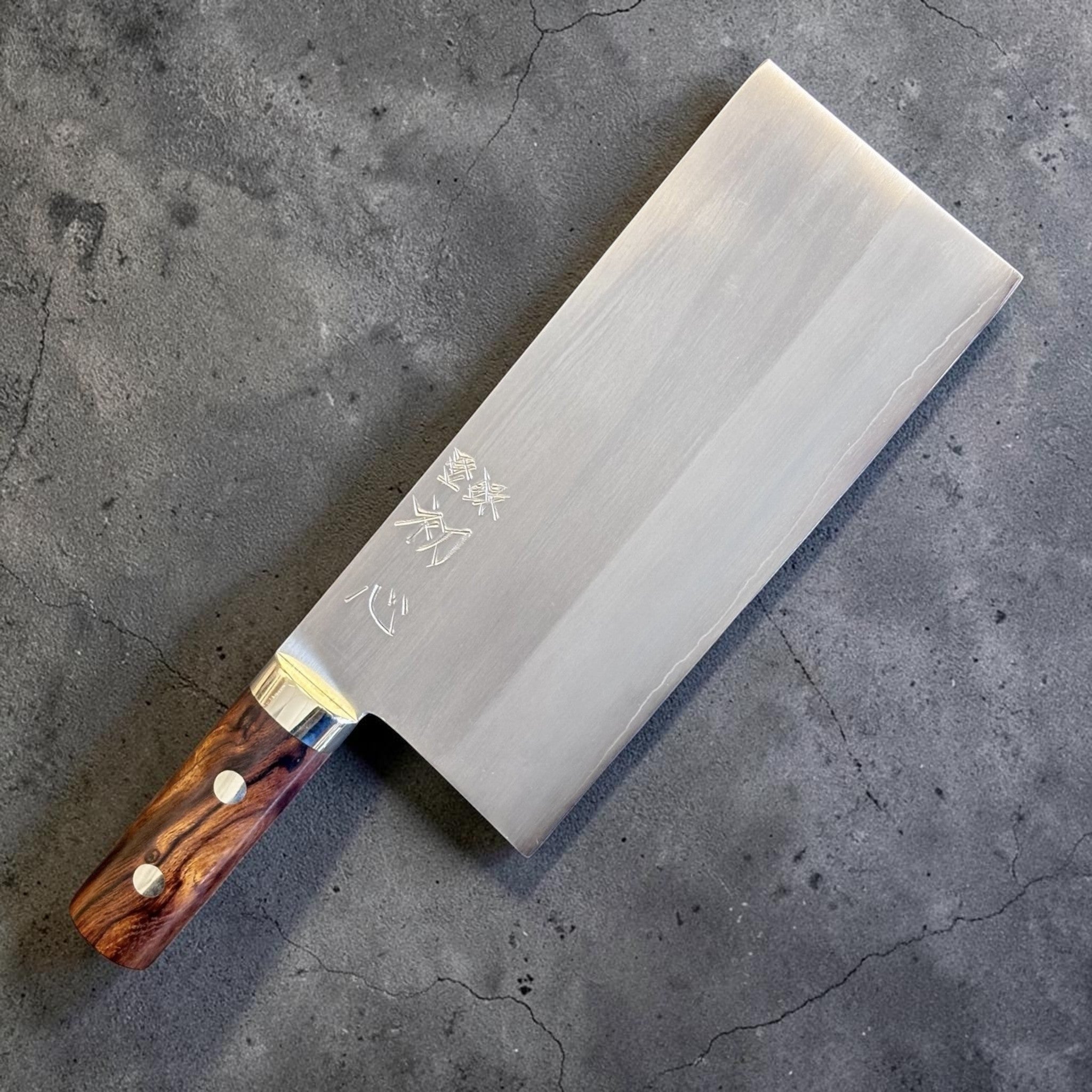 Hatsukokoro Nakagawa Satoshi Silver #3 Chinese Cleaver with ironwood handle, angled product view highlighting the rectangular blade and polished handle hardware.