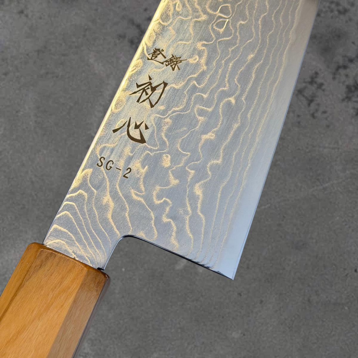 Close-up of the heel, Damascus finish, and handle junction on the Hatsukokoro Ryuhyo SG2 Damascus 180mm bunka with olive wood handle. #Handle_Mono Olive Wood
