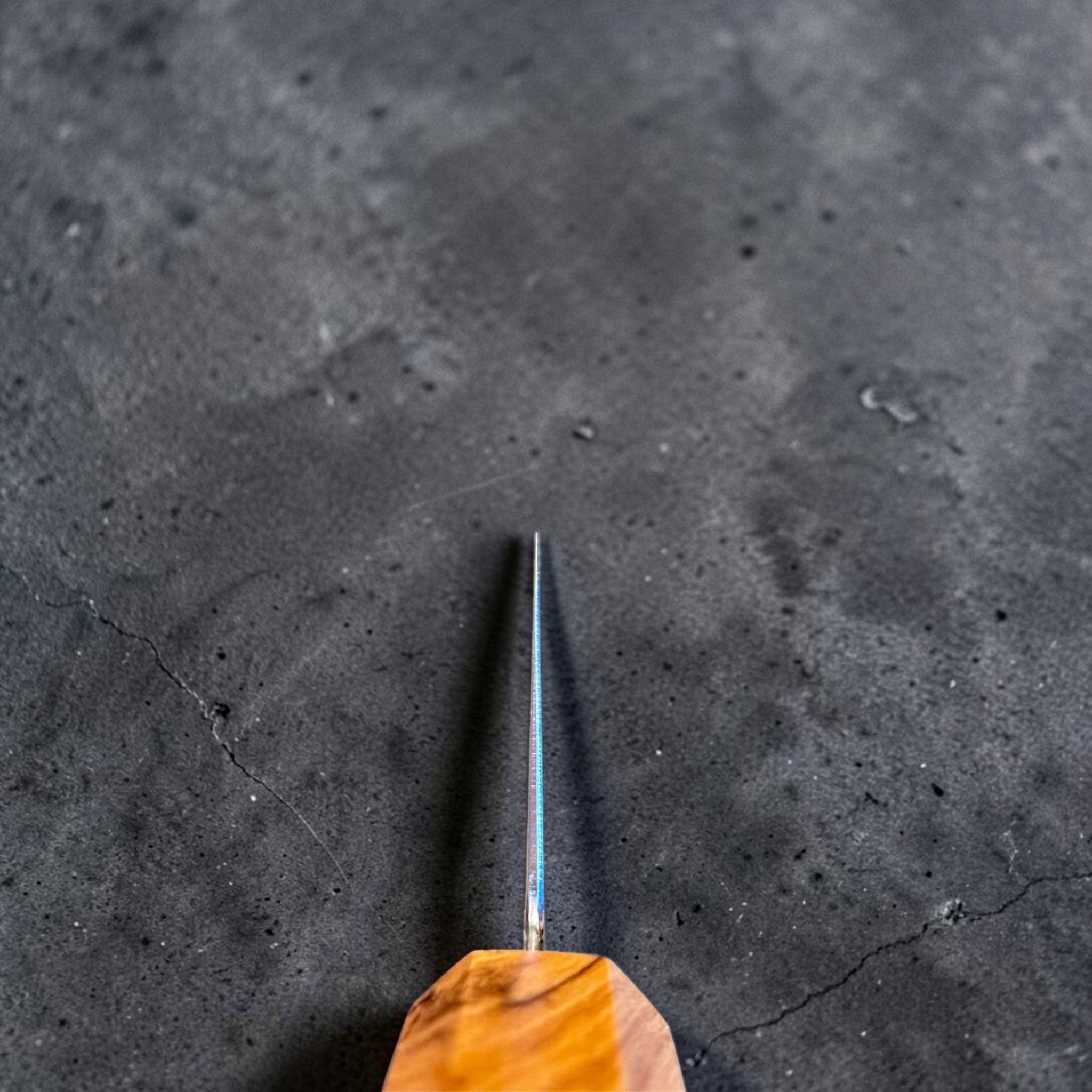 Hatsukokoro Saihyo SG2 Damascus Bunka 180 mm with olivewood handle, spine view showing blade thinness and distal taper.