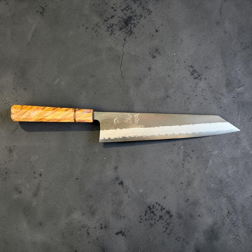 Full kanji-side profile of exact Hatsukokoro Shinkiro 240mm kiritsuke gyuto with Prisma Handle 01