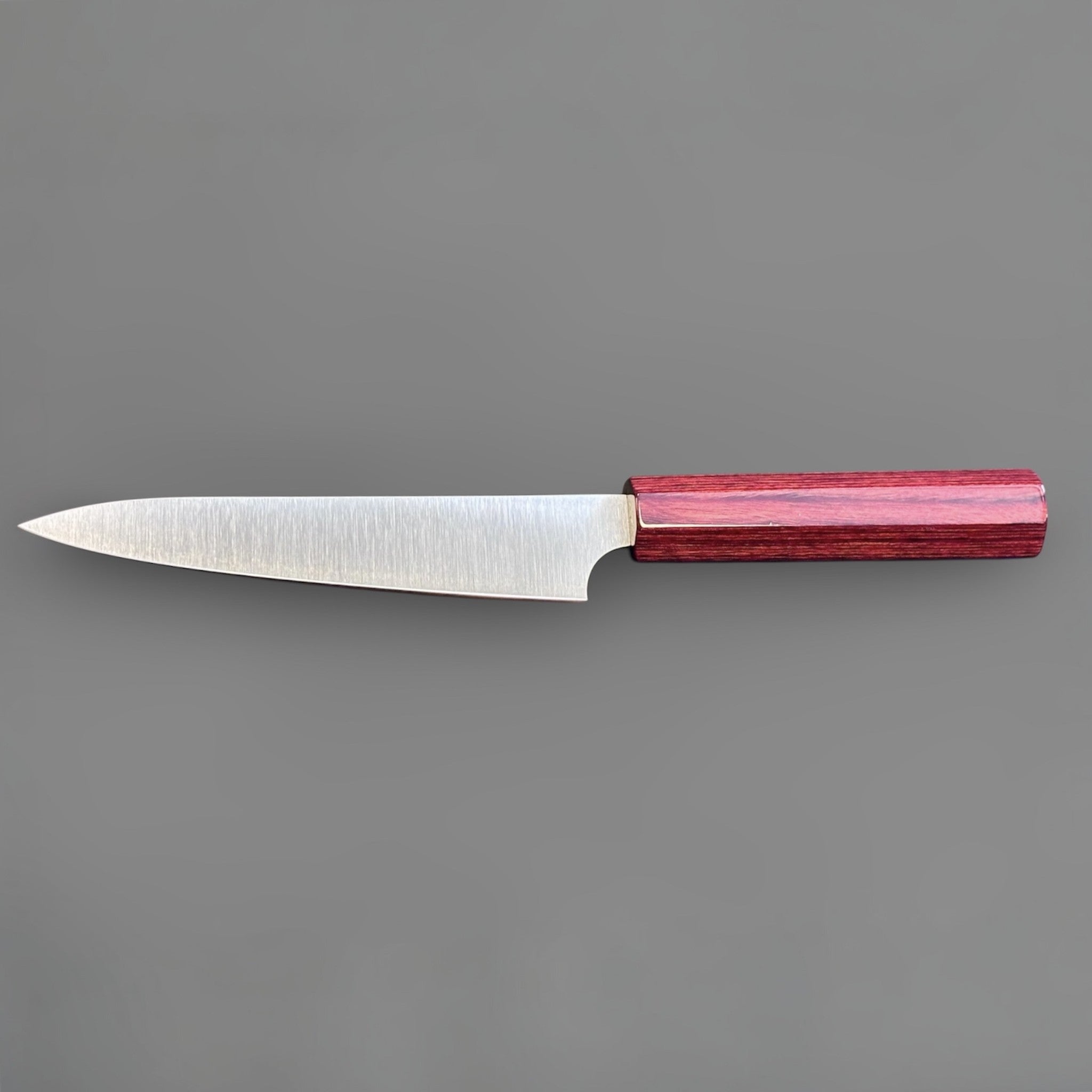 Kei Kobayashi SG2 Migaki petty knife with red wa handle, full side profile showing the clean satin blade and slim pointed tip.