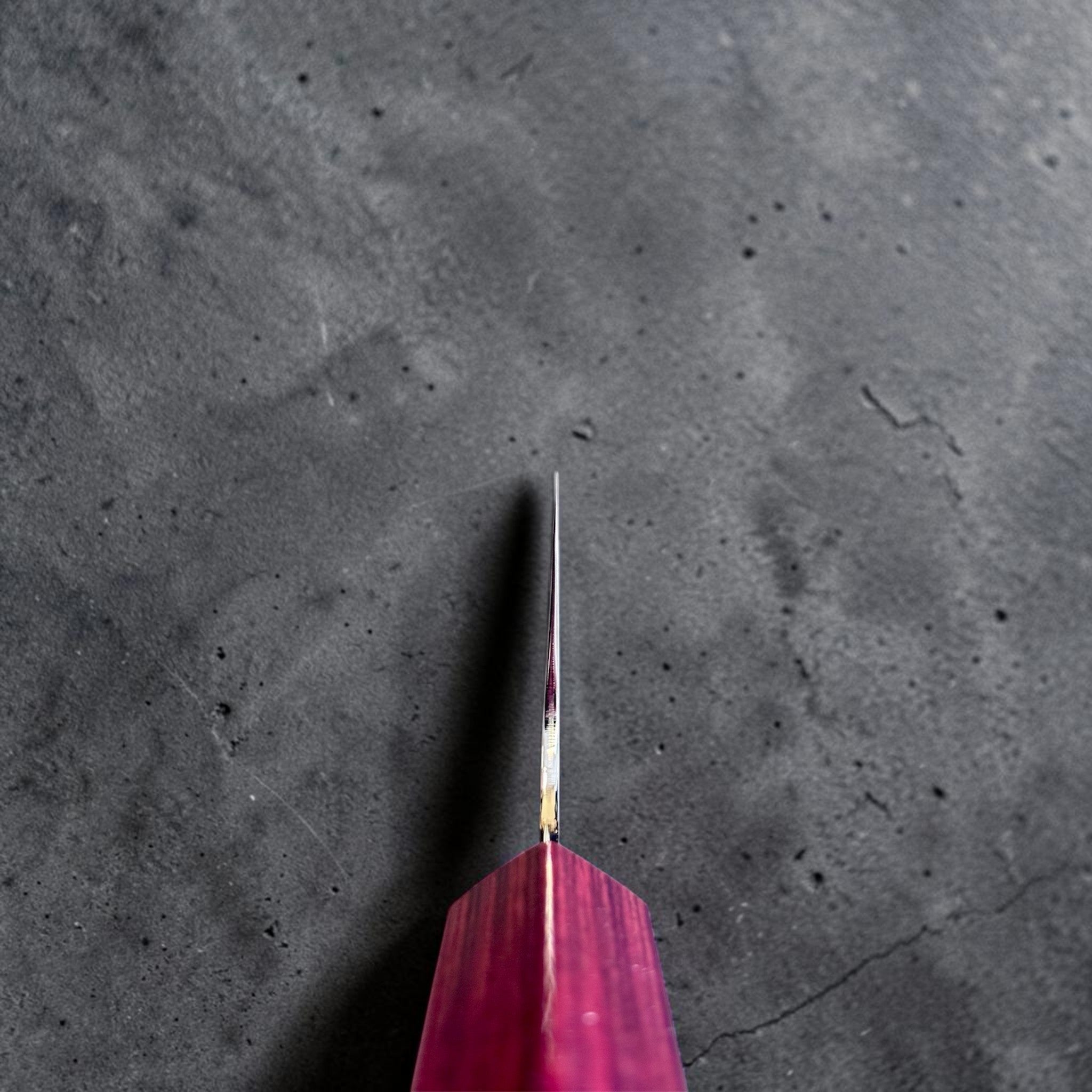 Kei Kobayashi SG2 Gyuto 210 mm with red lacquer handle, spine view close-up showing the extremely thin grind and precise taper toward the tip.