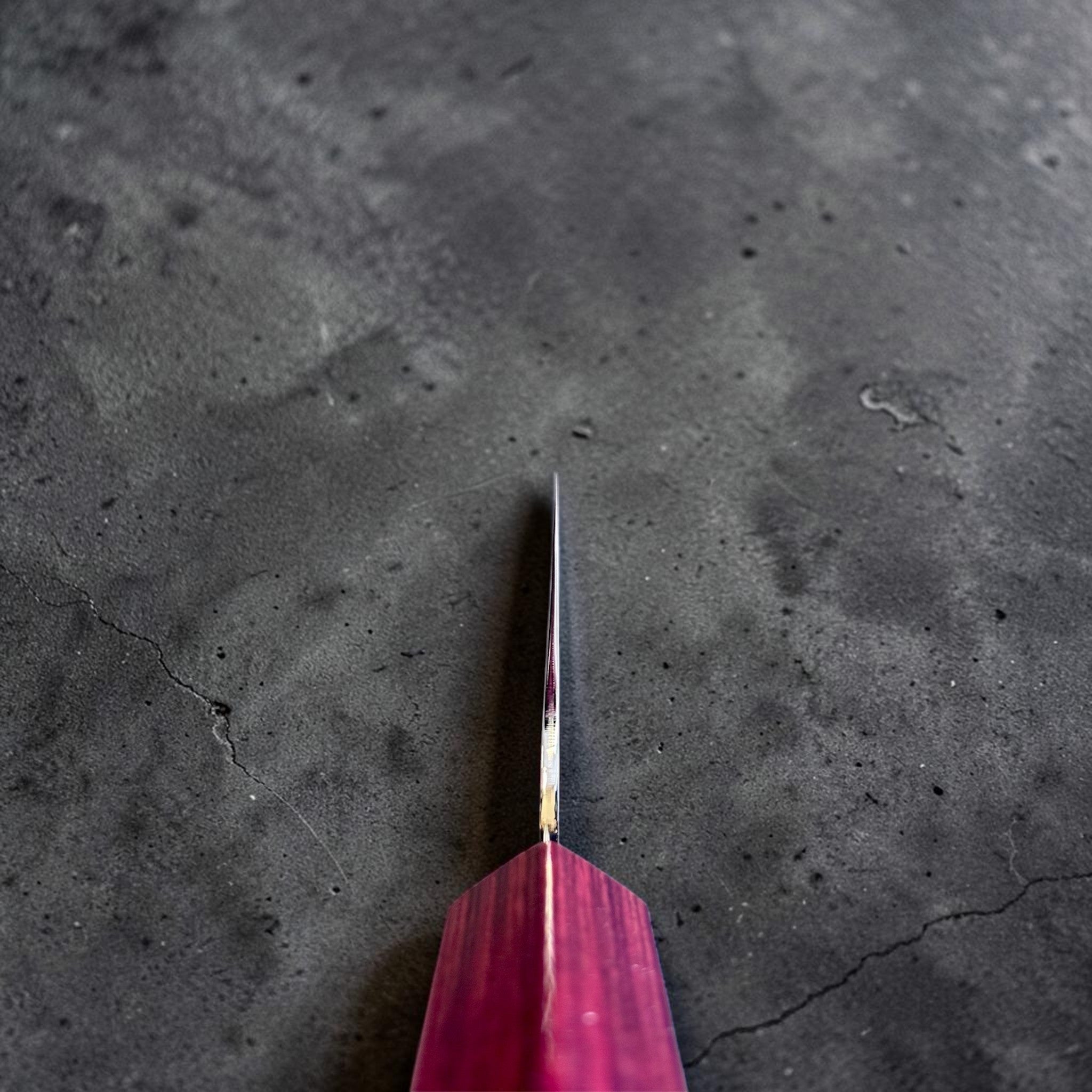 Kei Kobayashi SG2 Gyuto 240 mm with red lacquer handle, spine view close-up showing the extremely thin grind and precise taper toward the tip.