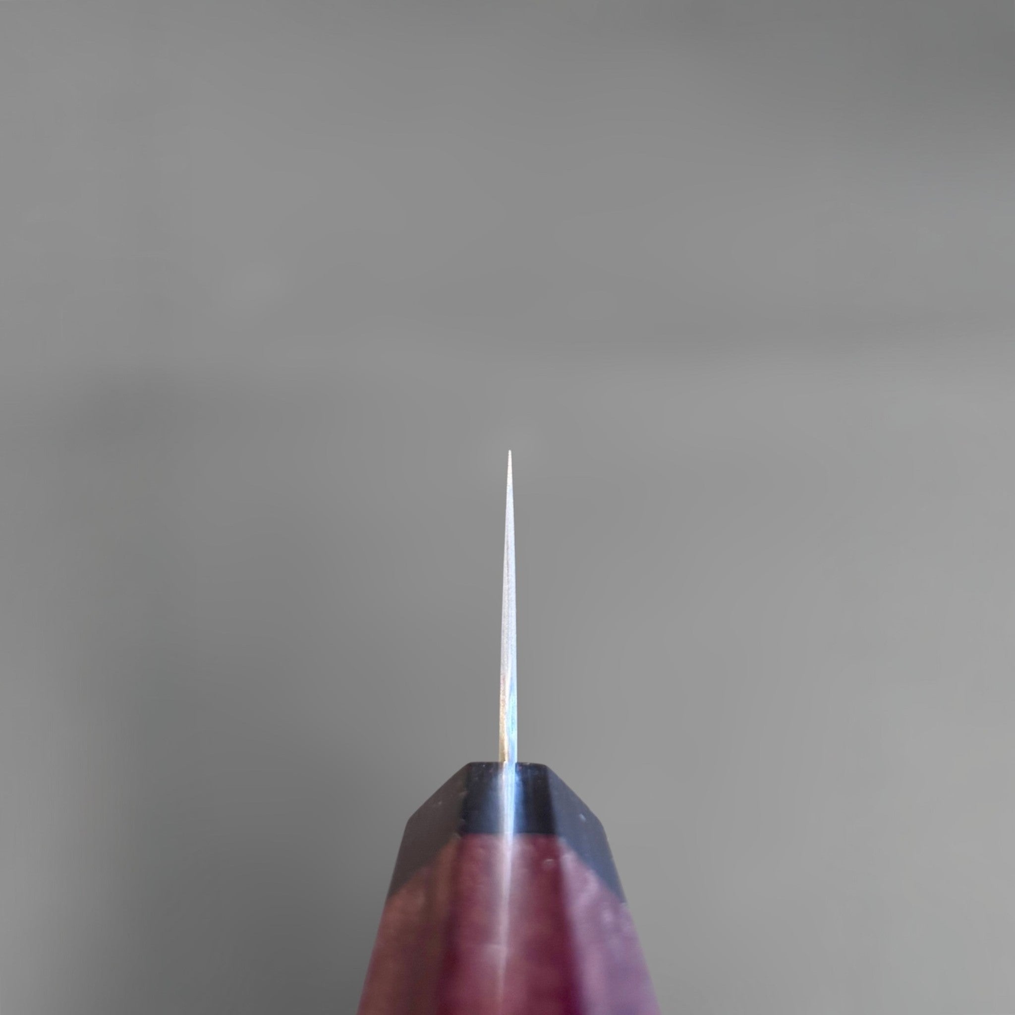 Koutetsu Chromax Santoku with rosewood octagon handle, spine view close-up showing the very thin grind and fine taper toward the tip.