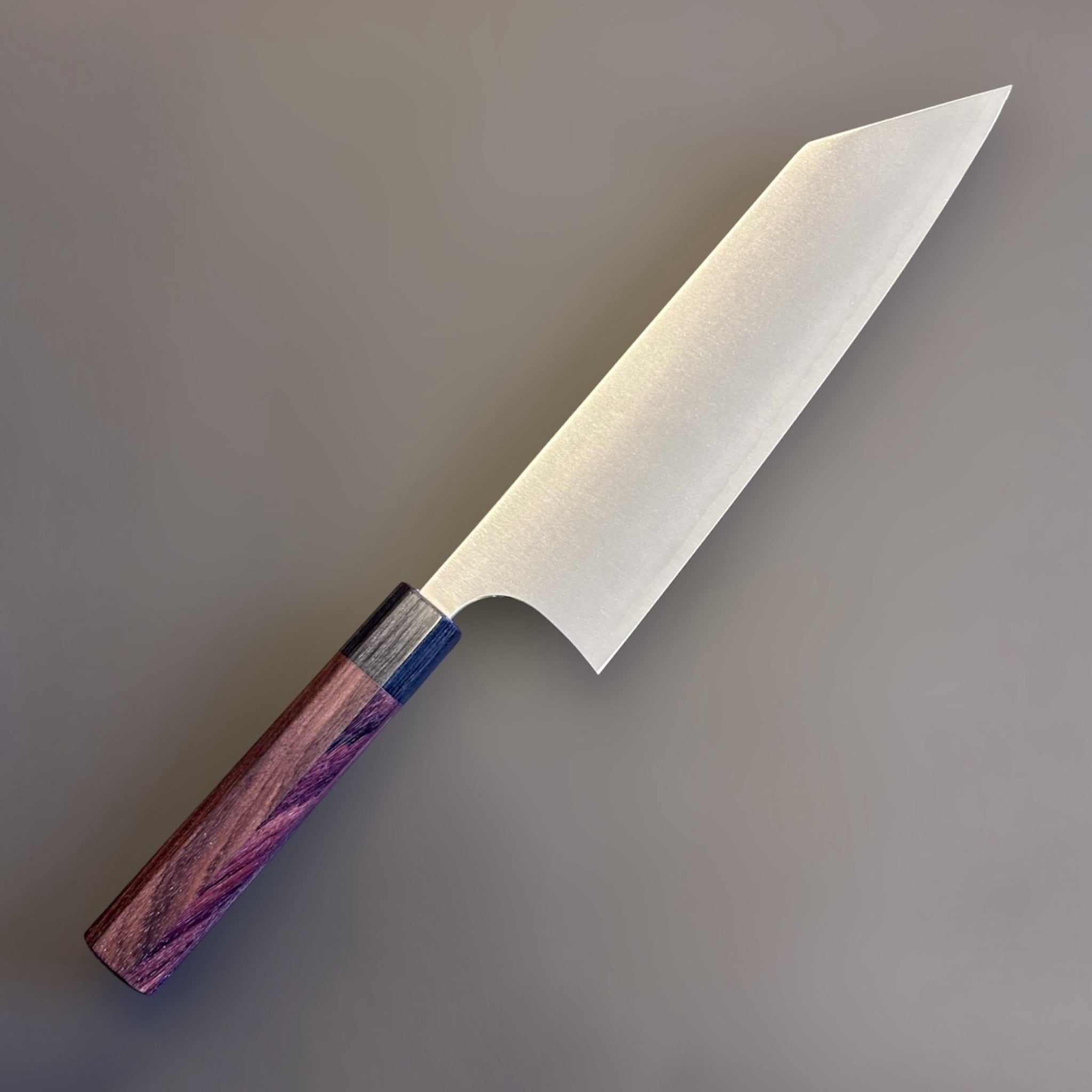 Koutetsu SG2 Boss Bunka, back side view showing satin blade finish and purple octagonal wa handle.