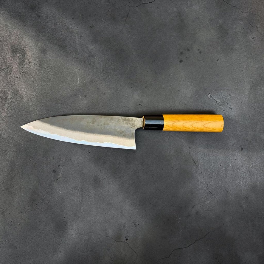 Full profile of Kyohei Shindo Blue #2 Funayuki 165mm with Keyaki handle