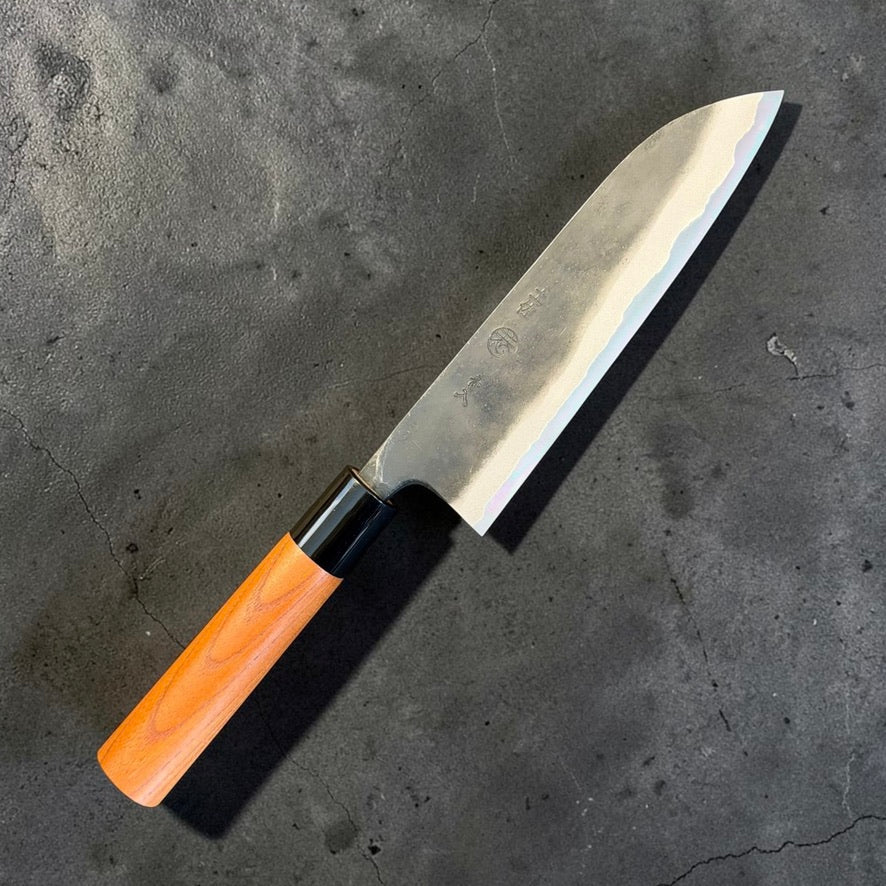 Kyohei Shindo Blue #2 Santoku 165mm with Keyaki wood handle and black plastic ferrule