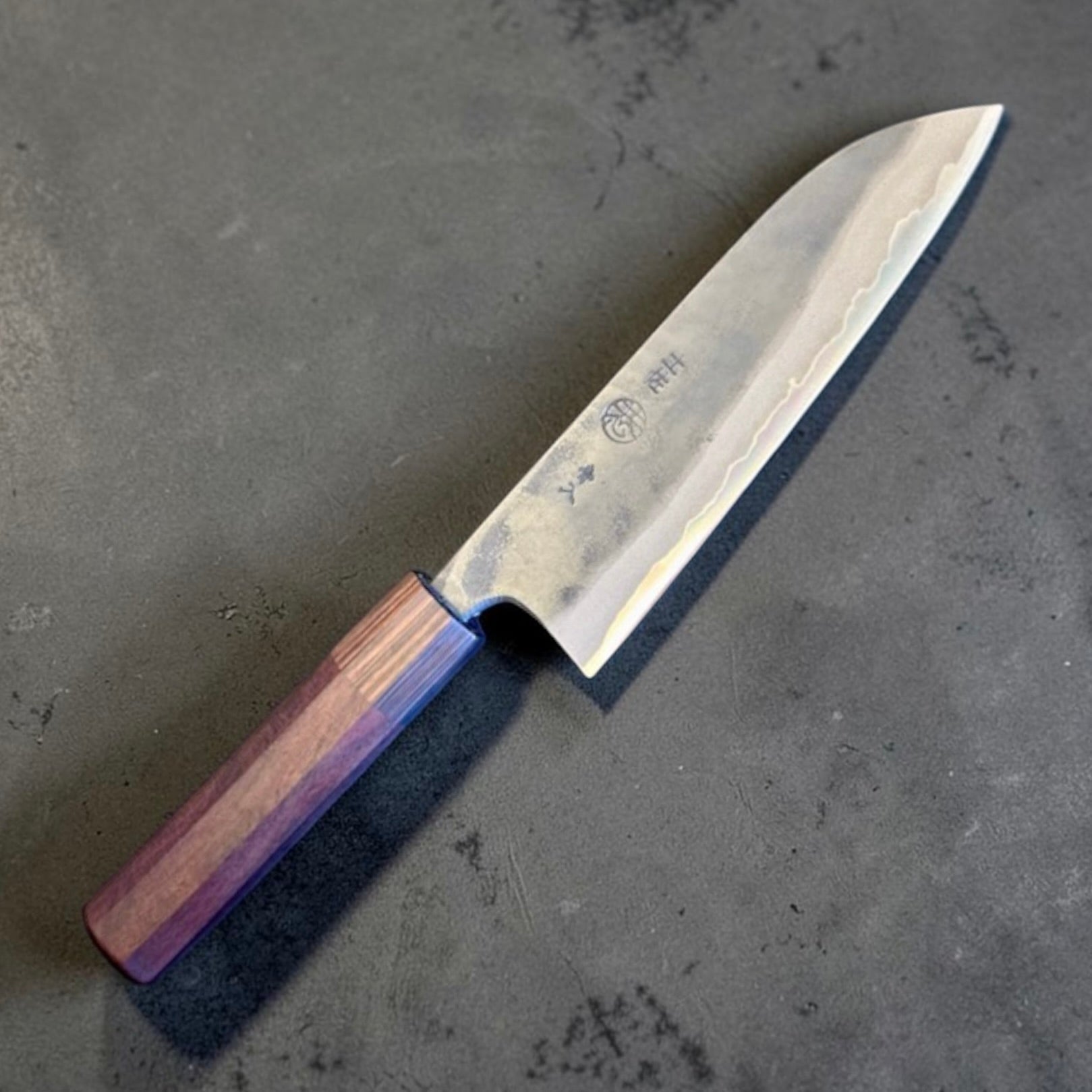 Kyohei Shindo Blue #2 Santoku 165mm makers side with rosewood handle