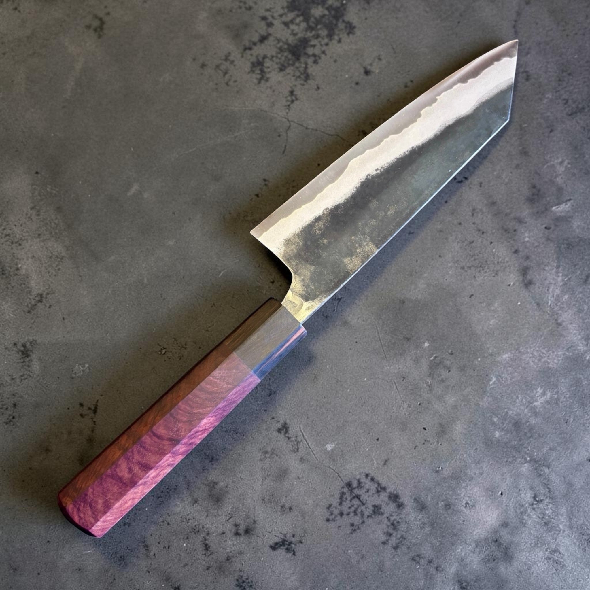 Kyohei Shindo Blue #2 Bunka 170 mm, rosewood and ebony wa handle, reverse angled shot.