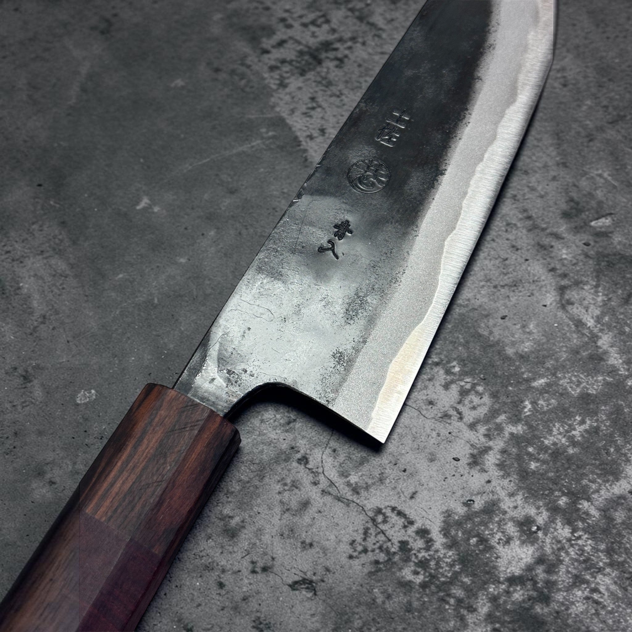 Kyohei Shindo Blue #2 Bunka 170 mm, rosewood and ebony wa handle, close-up of maker marks
