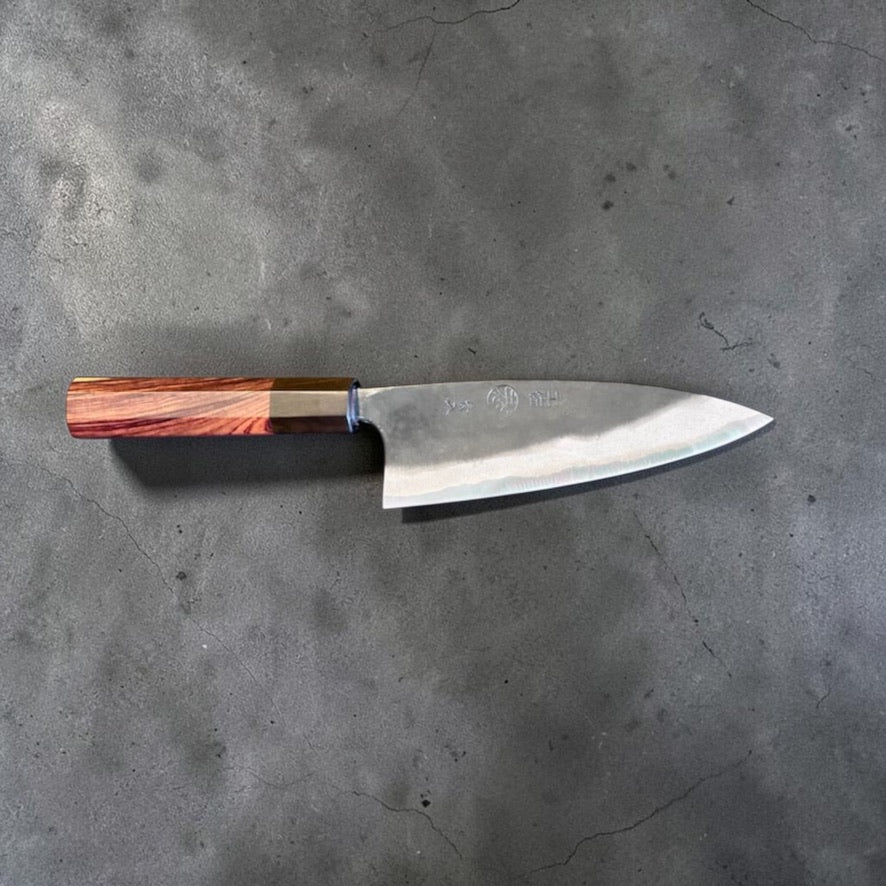 Kyohei Shindo Ko Funayuki 135mm maker's-mark side with rosewood and ebony handle