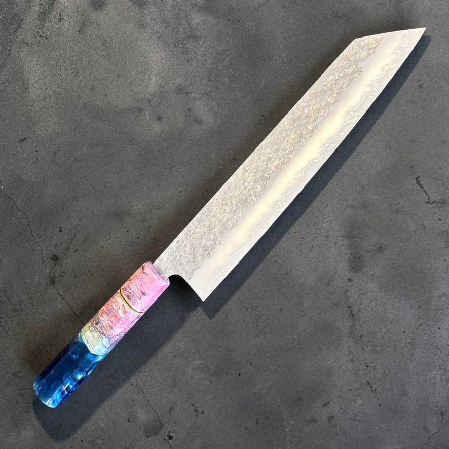 Makoto Kurosaki SG2 Bunka 240mm with Aurora Prisma custom handle in blue, violet and rose resin