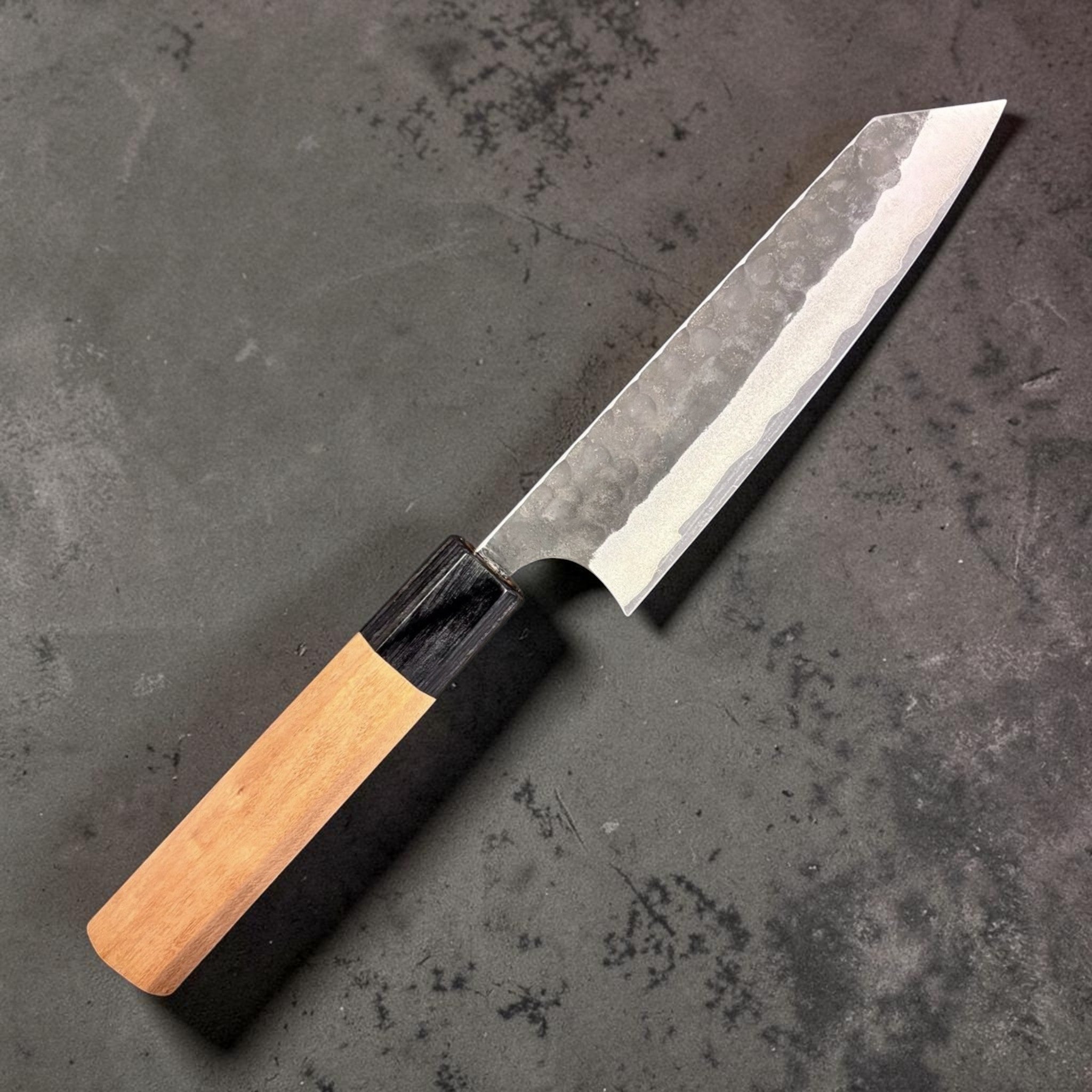Masakage Koishi Aogami Super Ko Bunka 130 mm, right‑side profile with hammered kurouchi finish and k‑tip geometry.