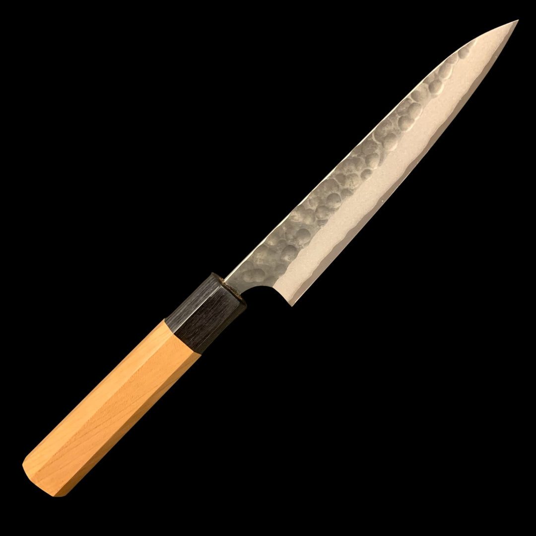 Masakage Koishi Aogami Super Petty 150 mm, full knife view showing hammered kurouchi cladding
