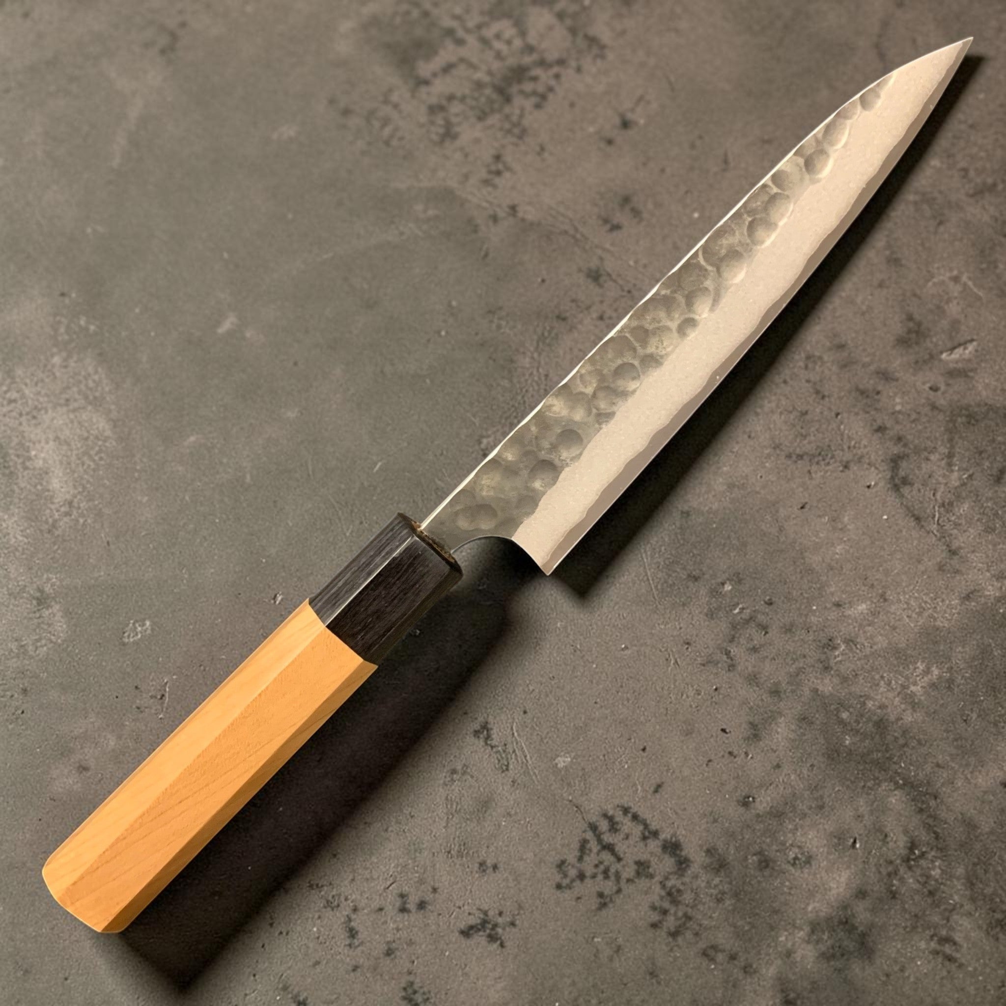 Masakage Koishi Aogami Super Petty 150 mm, full knife view showing hammered kurouchi cladding