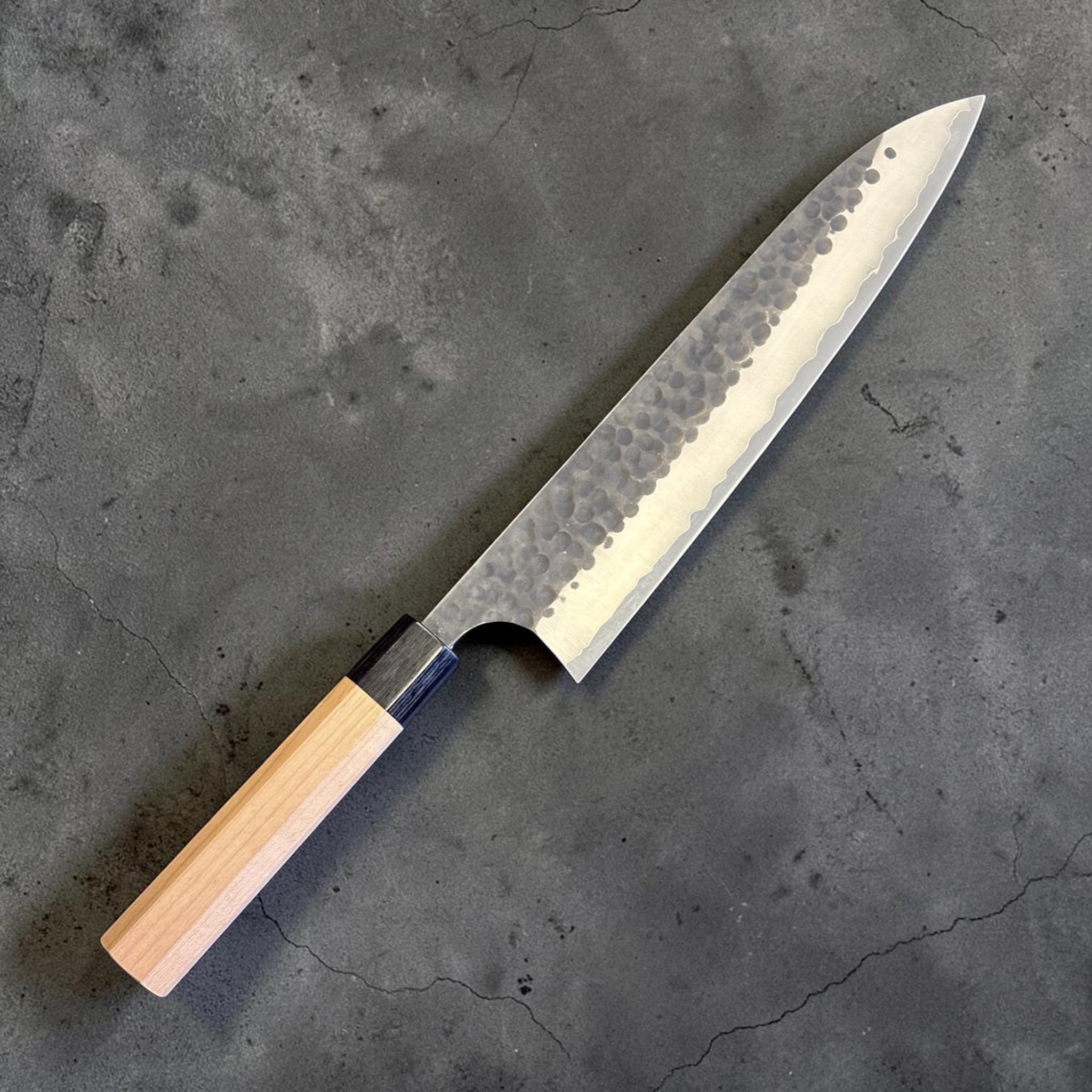 Masakage Koishi Gyuto 240 mm, spine view showing thin grind and handle alignment.