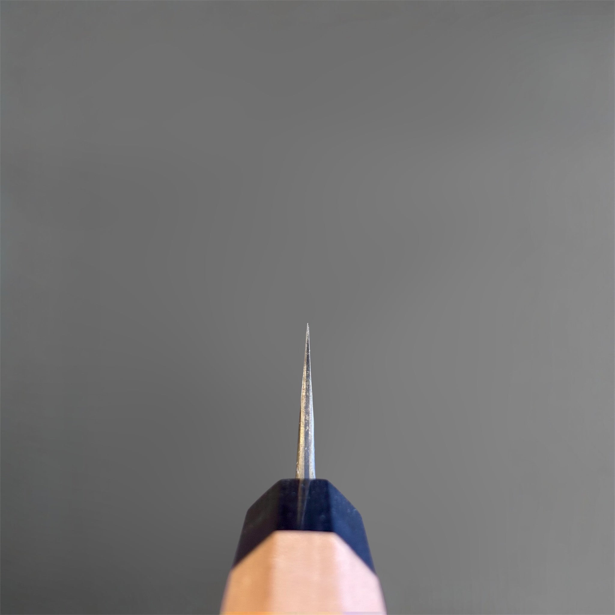 Masakage Koishi Honesuki Japanese knife, spine view showing the blade thickness taper toward the tip.