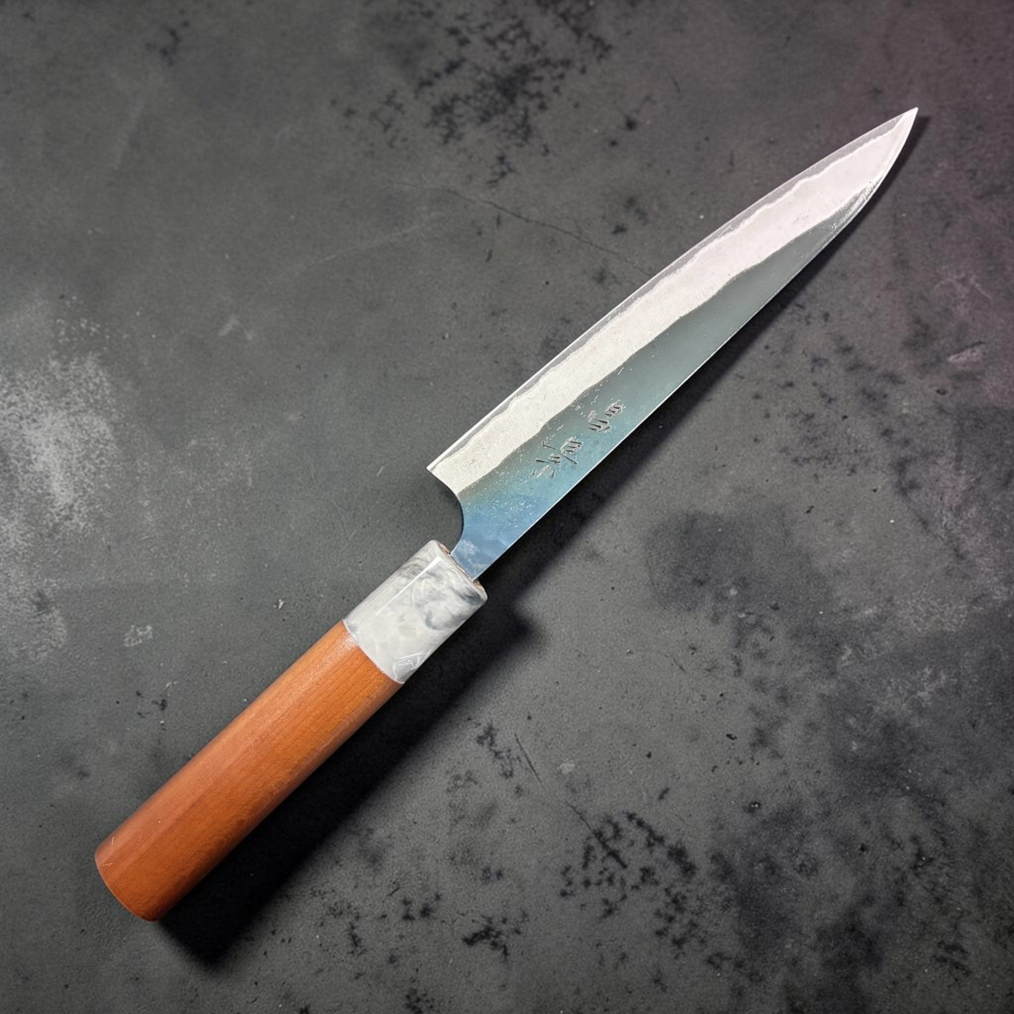 Masakage Mizu Petty 150mm blade angle left side showing kanji.