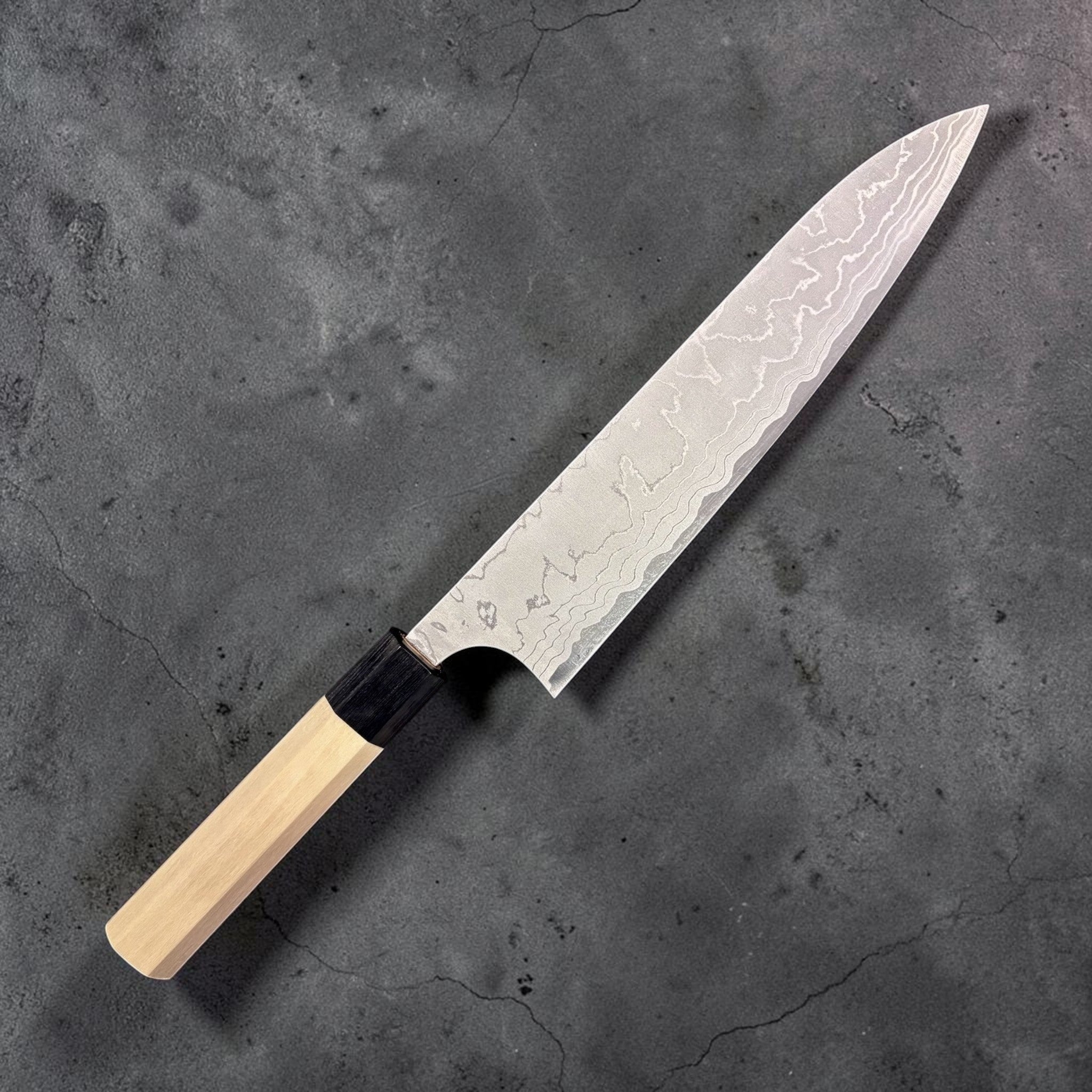 Masakage Shimo White #2 Damascus Gyuto 210 mm, right side profile highlighting blade geometry.