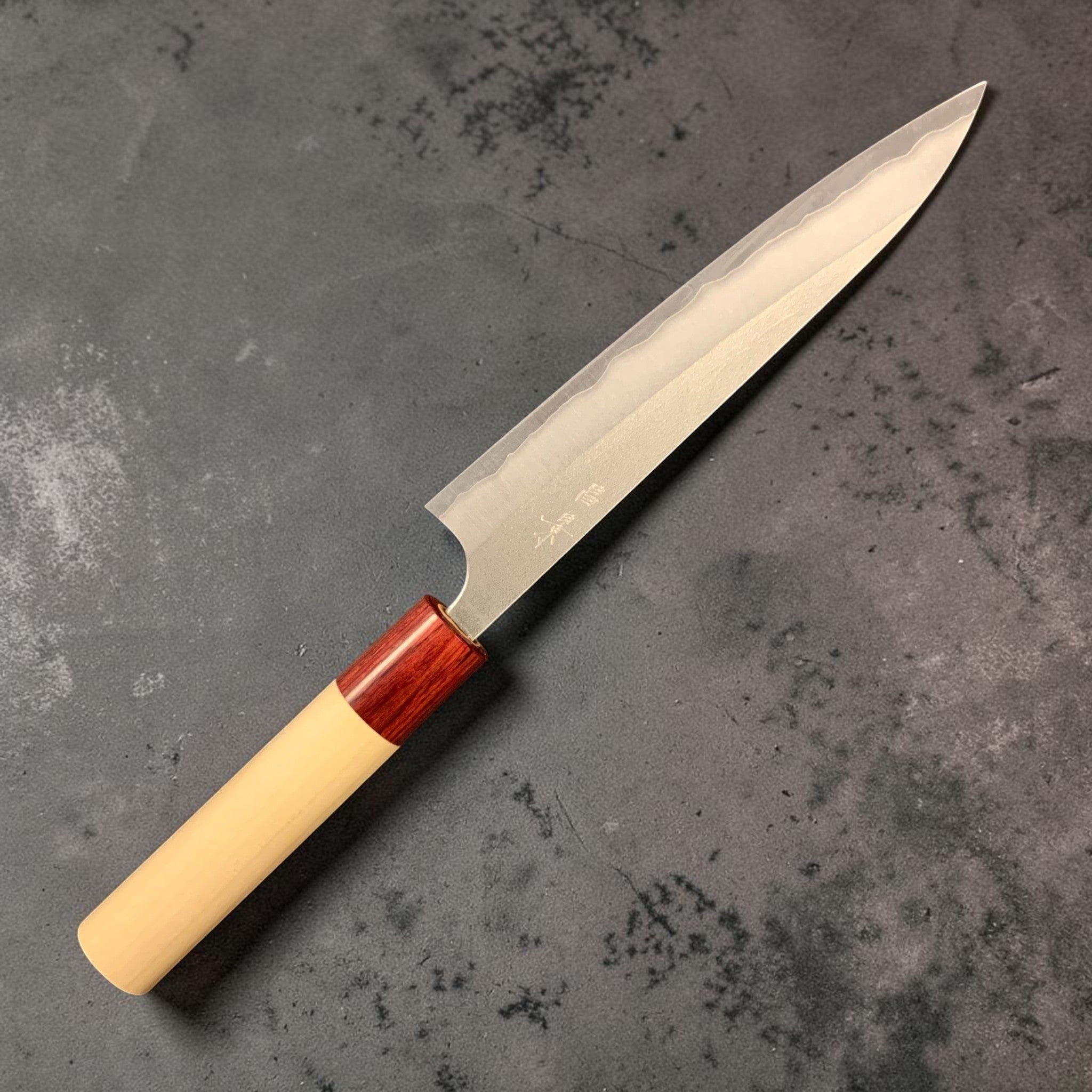 Masakage Yuki Petty 150mm, close-up of the thin blade profile and frosted Nashiji finish.