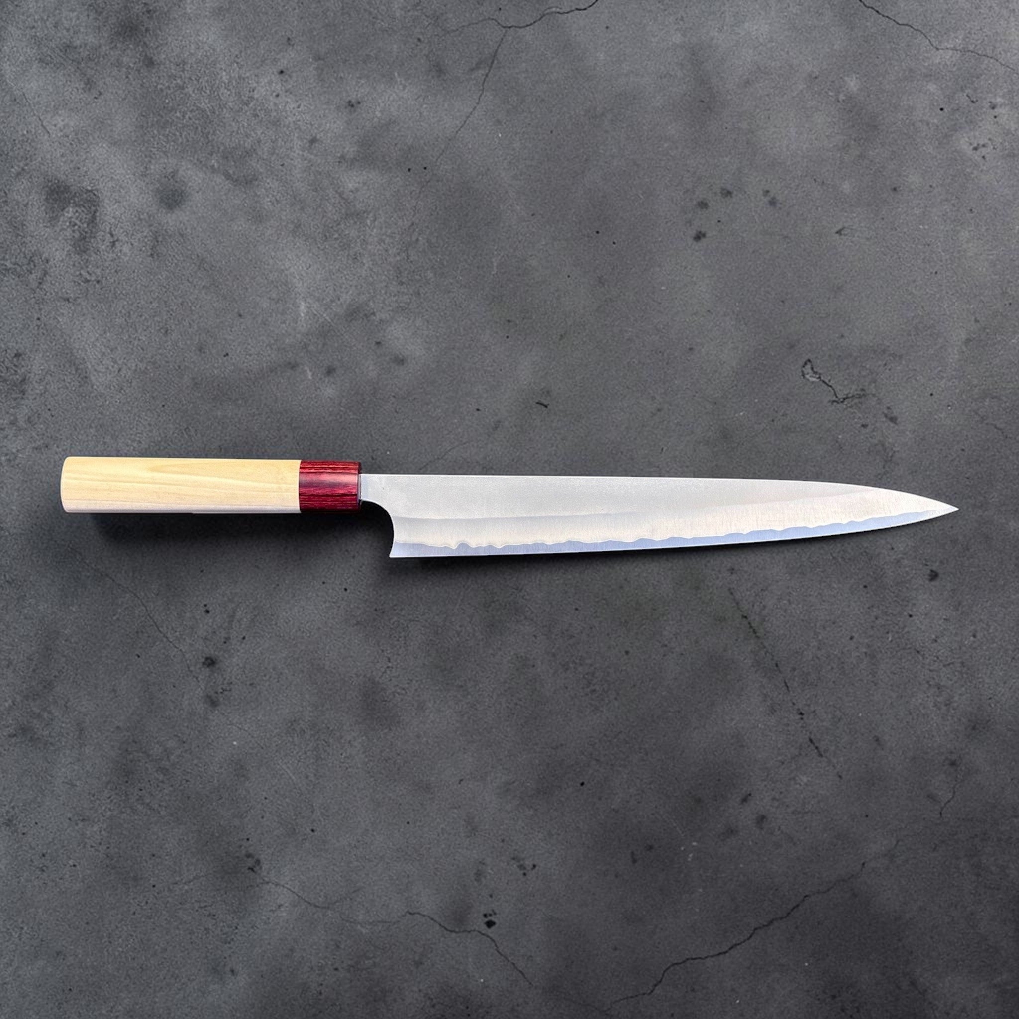 Masakage Yuki Sujihiki 270 mm, full side profile showing the long slicer blade and light wa handle.