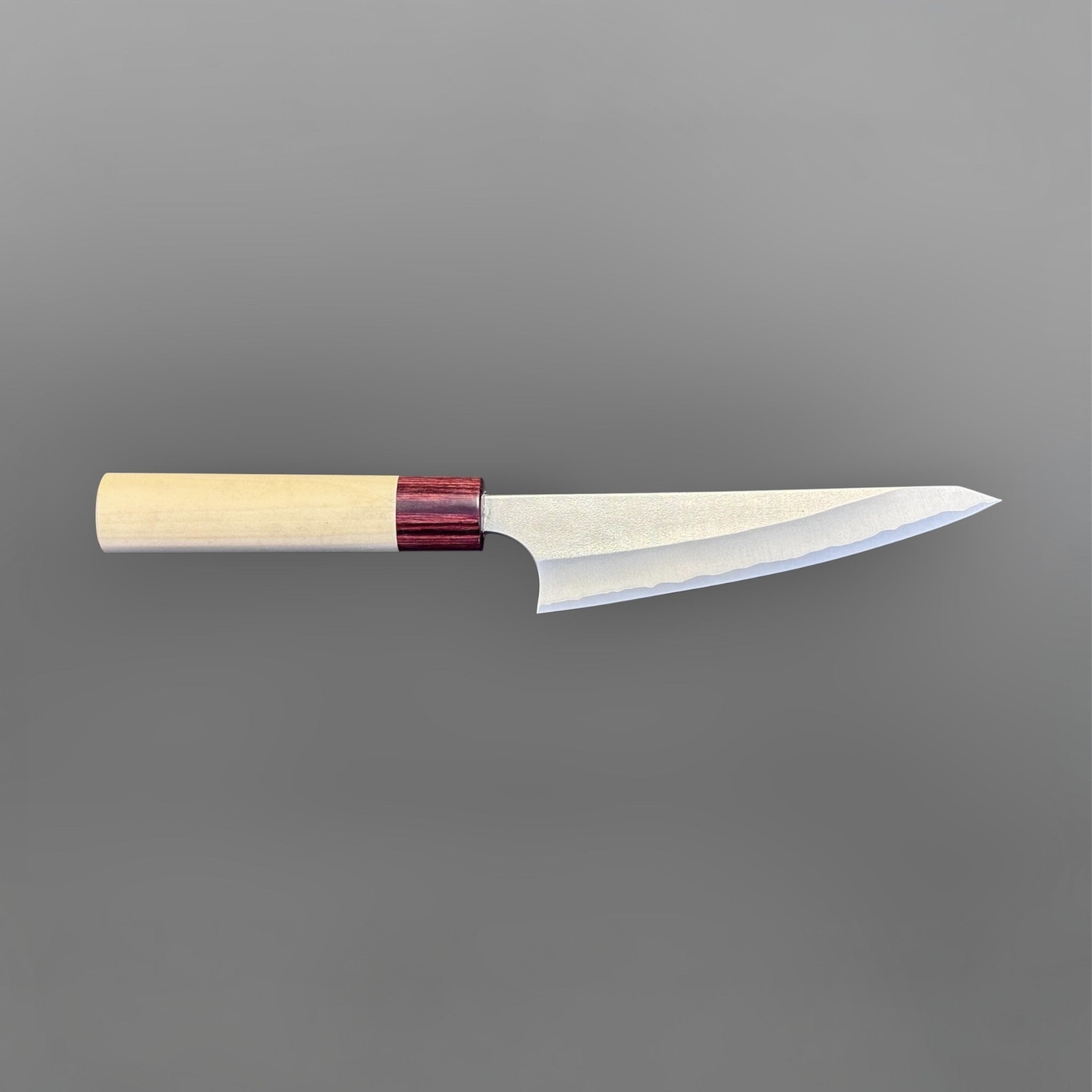 Masakage Yuki White #2 Honesuki 150 mm, Japanese poultry boning knife with hammered stainless cladding and pale wood wa handle.