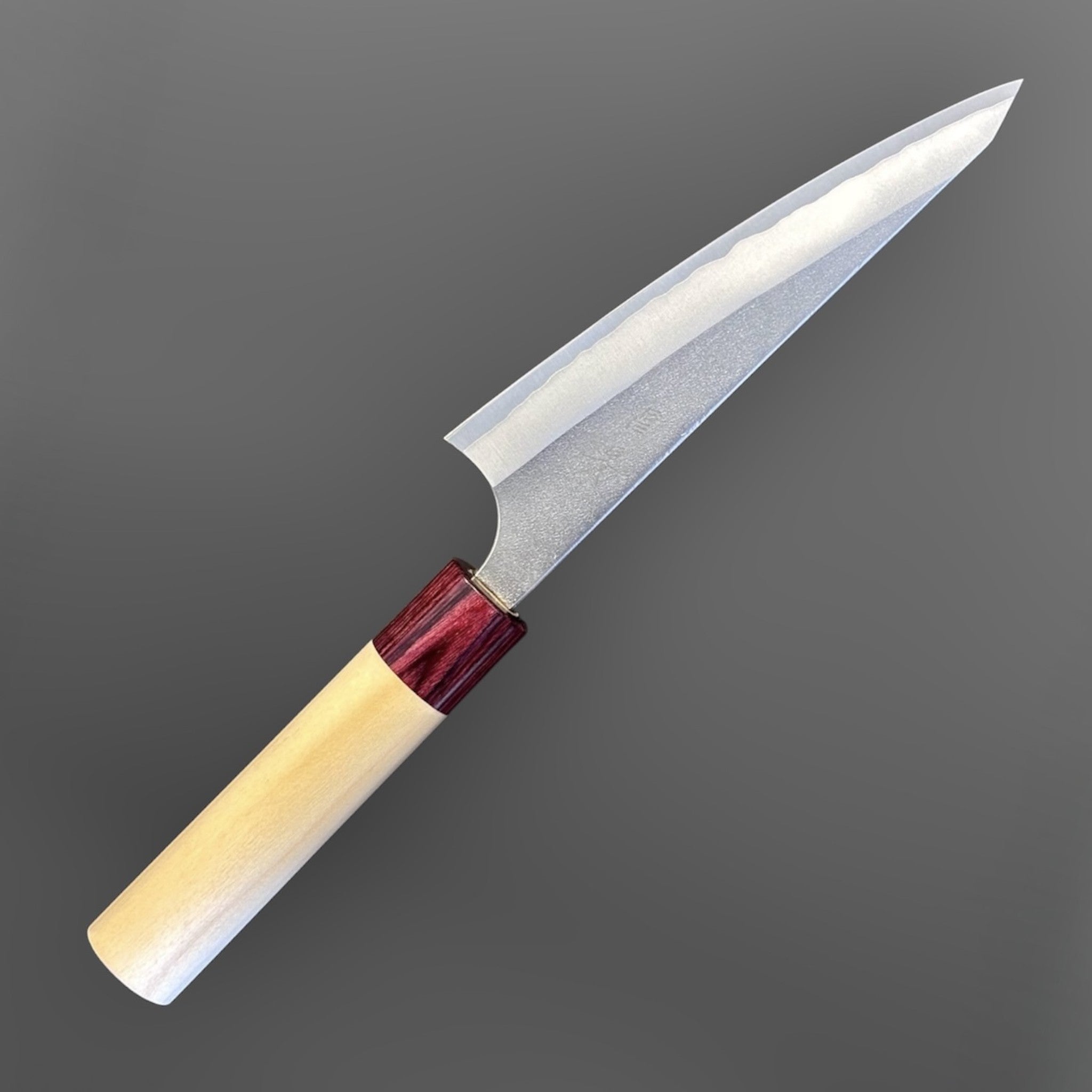 Masakage Yuki White #2 Honesuki 150 mm, Japanese poultry boning knife with hammered stainless cladding and pale wood wa handle.