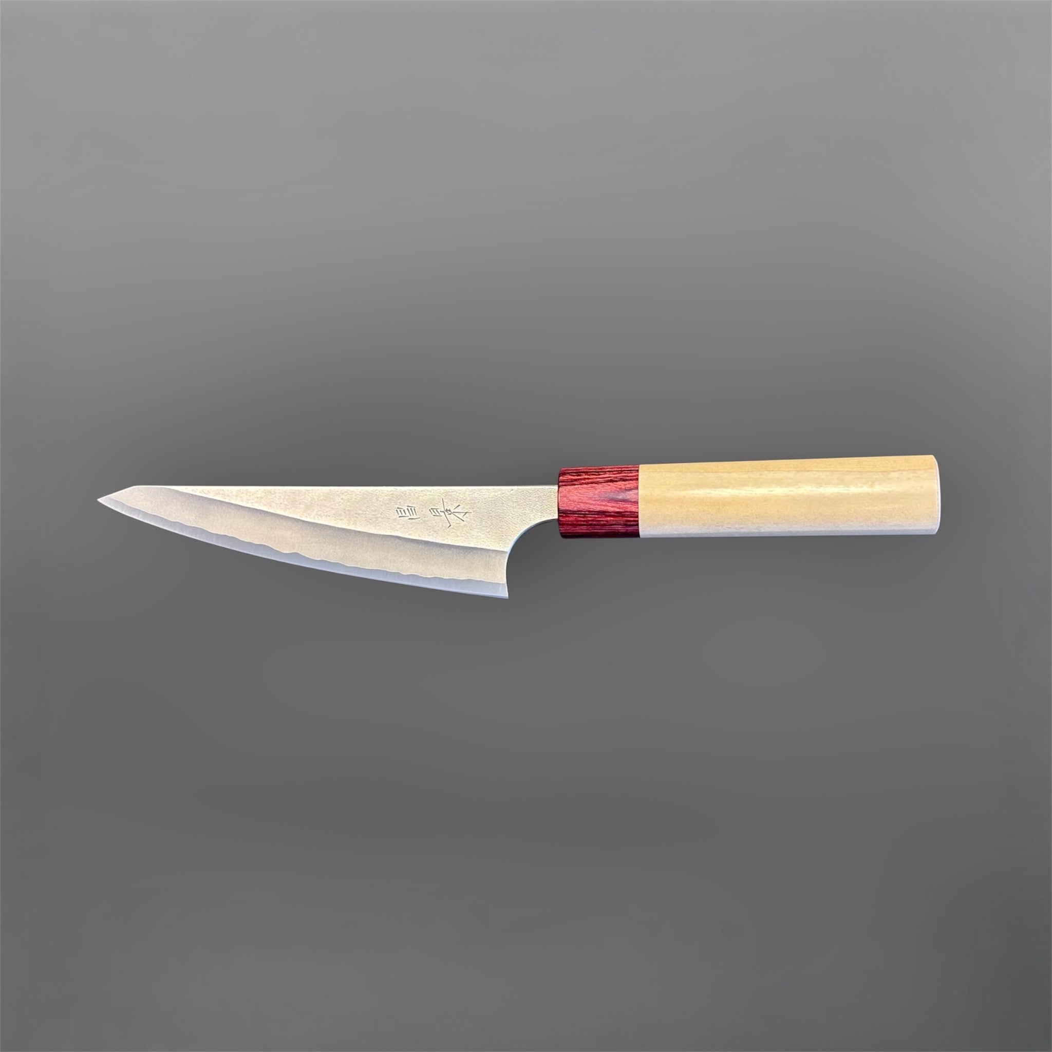 Masakage Yuki White #2 Honesuki 150 mm, Japanese poultry boning knife with hammered stainless cladding and pale wood wa handle.