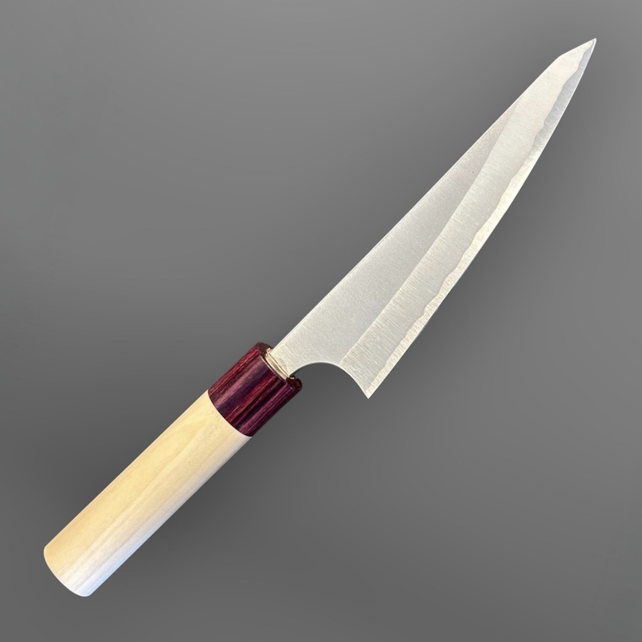 Masakage Yuki White #2 Honesuki 150 mm, Japanese poultry boning knife with hammered stainless cladding and pale wood wa handle.